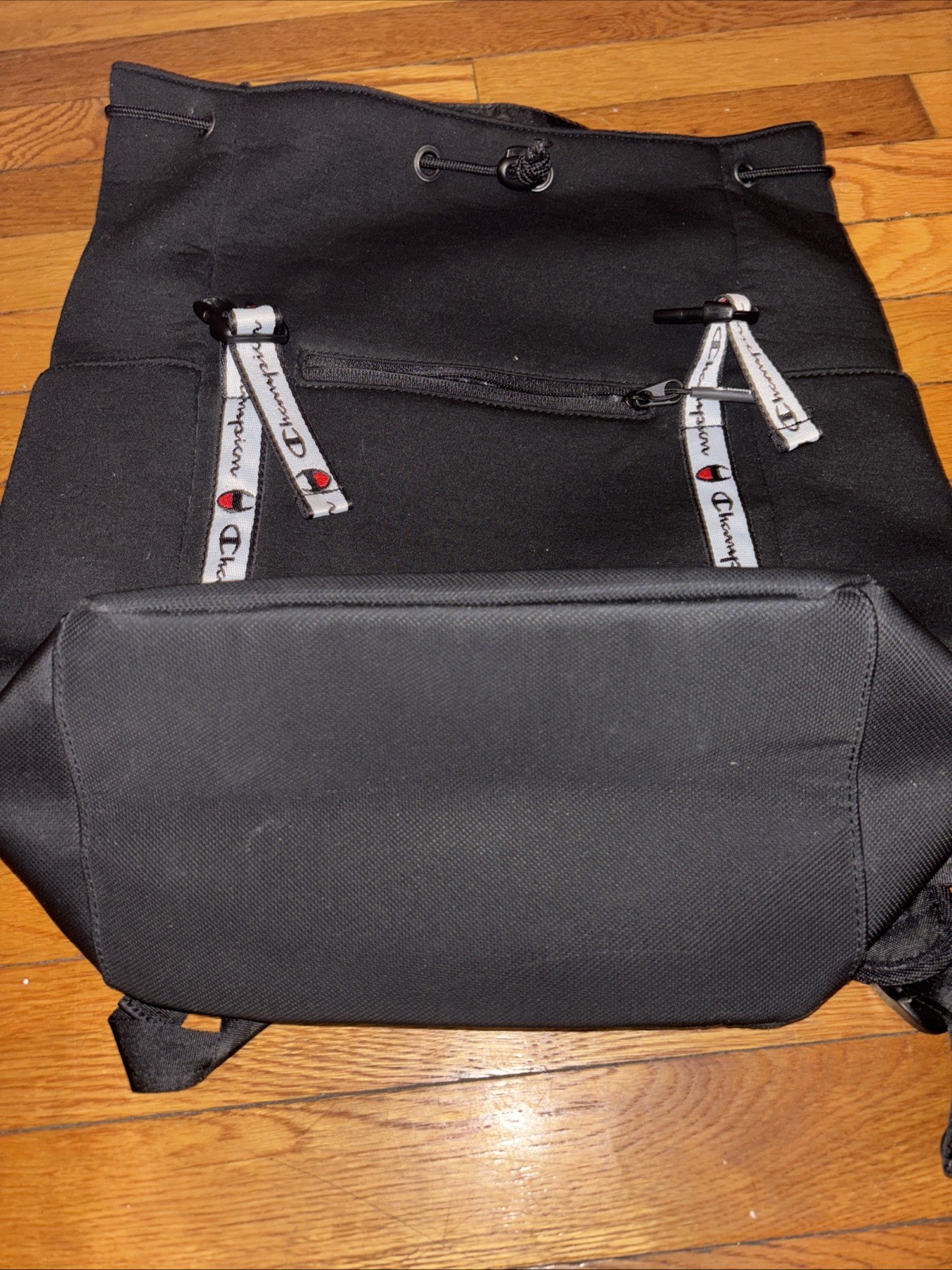 Champion Black Backpack Drawstring Buckle Adjustable Strap Front Pocket