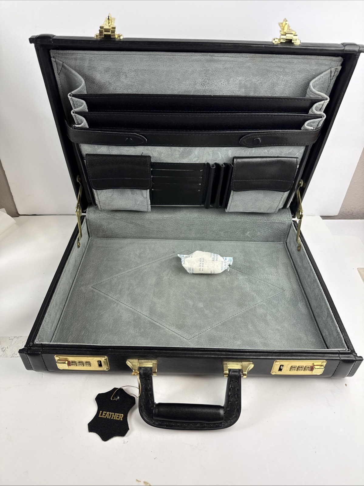 Vintage Black Leather Briefcase Hard Case Brass Dual Combination Locks New