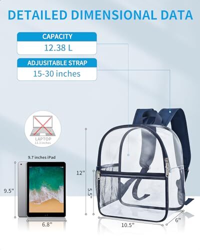 Clear Backpack Stadium Approved 12×12×6 with Reinforced and Wider Shoulder Navy