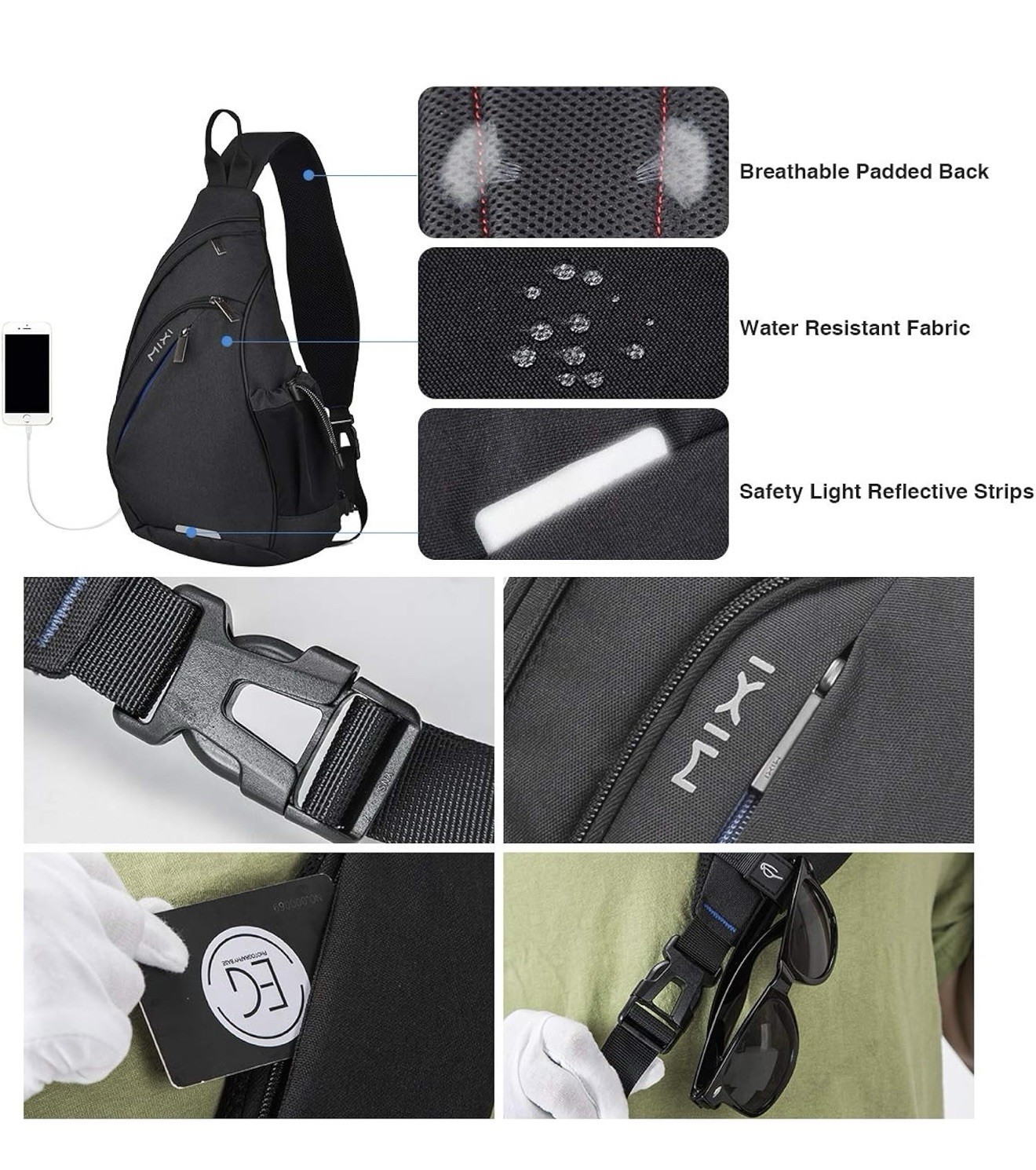 Mixi Sling Backpack with USB port Black Nylon 17 inches New Type M5225 USED 1x