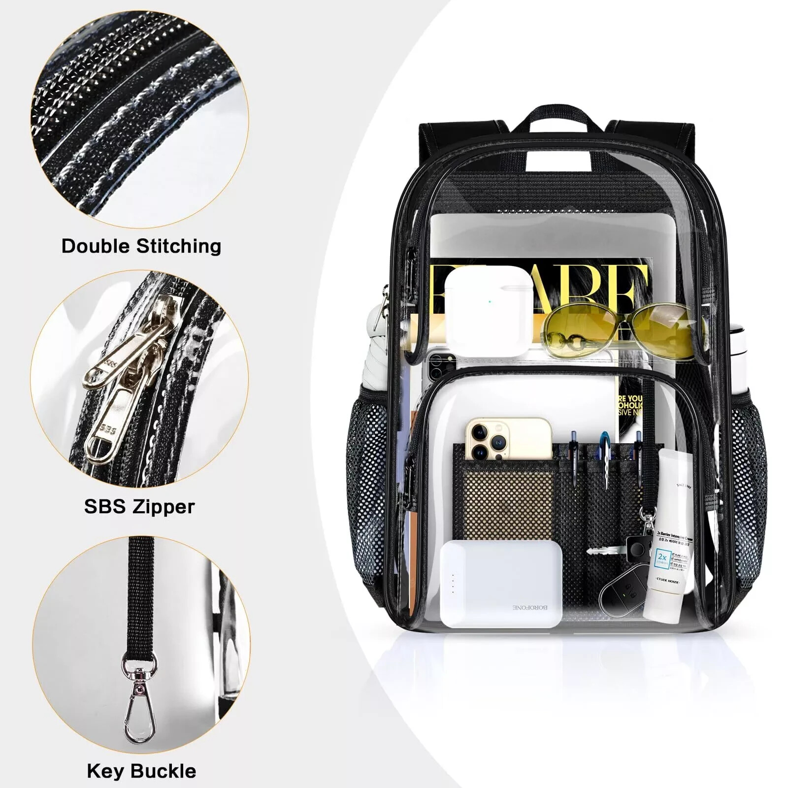 LARGE HEAVYDUTY CLEAR BACKPACK Transparent See Tru PVC School Bookbag – Stadium
