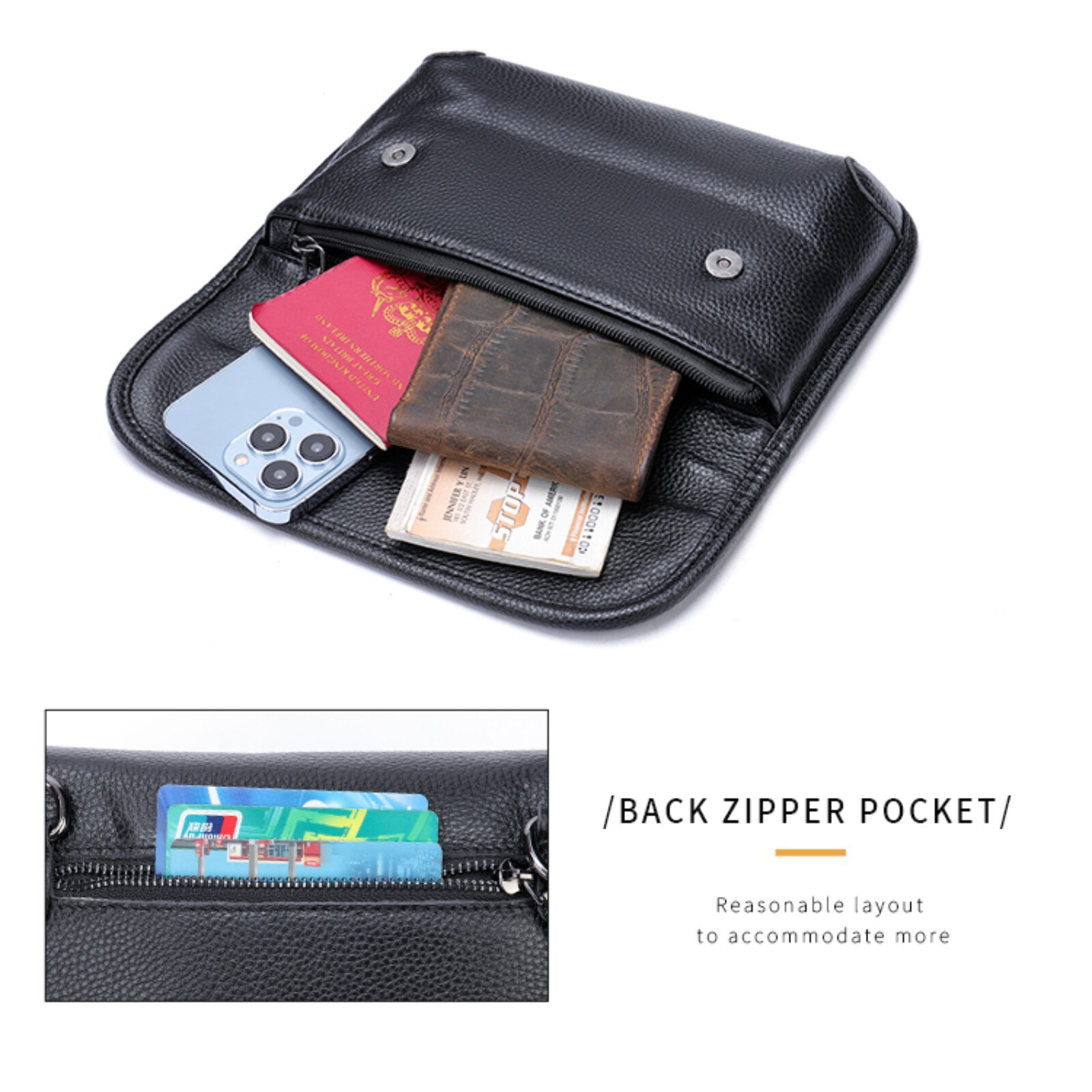 Mens Leather Shoulder Bag Black Crossbody Business Casual with Multi-Pocket