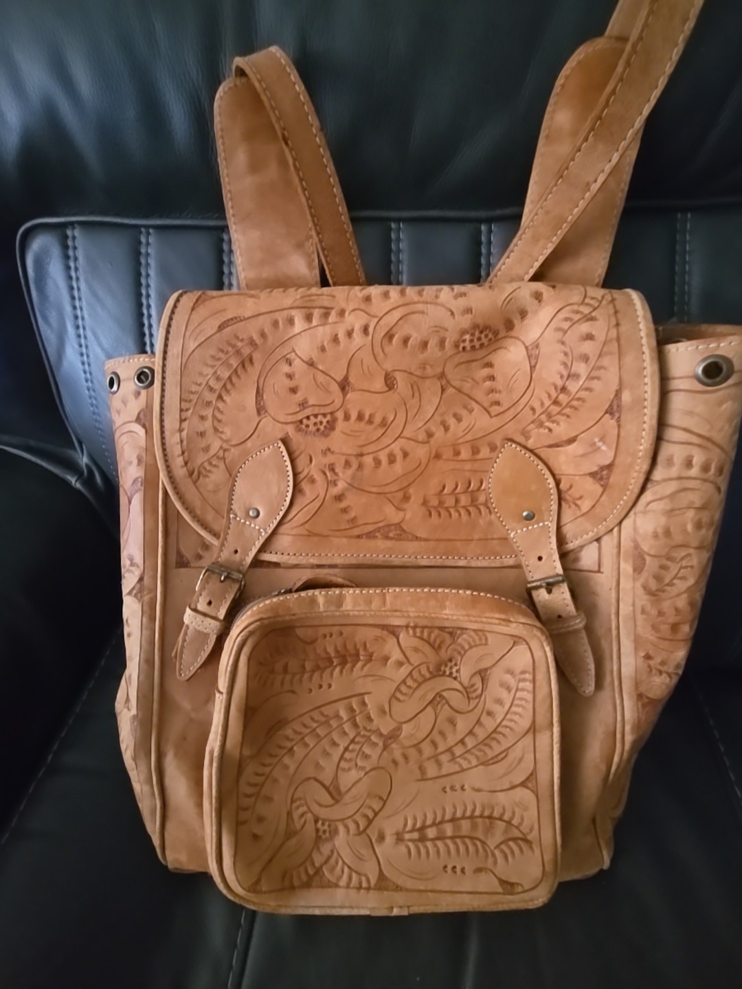 XL RAW LEATHER BACKPACK BAG HAND TOOLED WESTERN MOTIF HAND MADE XL BAG