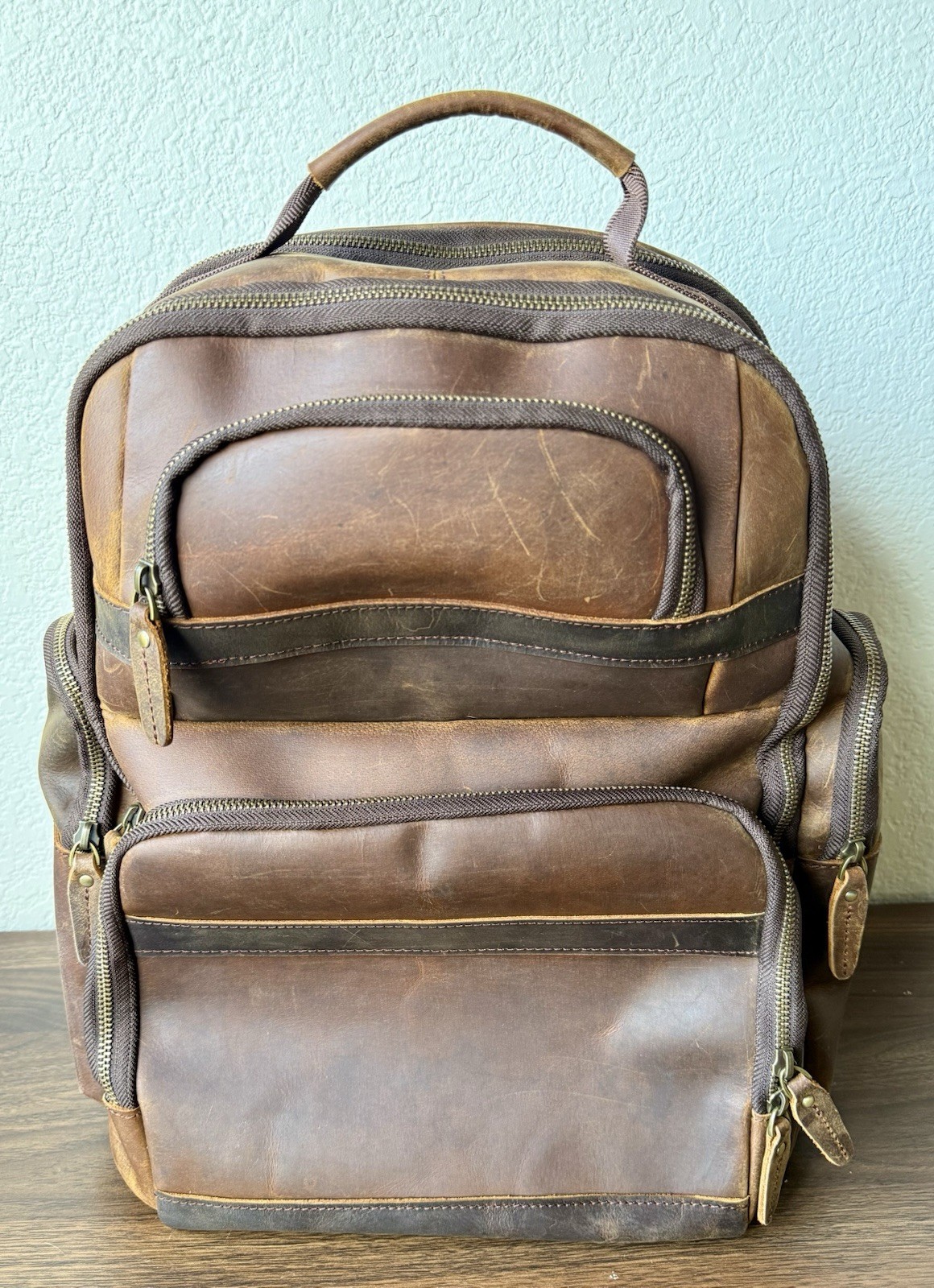 Tiding Leather Two Tone Leather Backpack Brown With Charging Laptop Bag