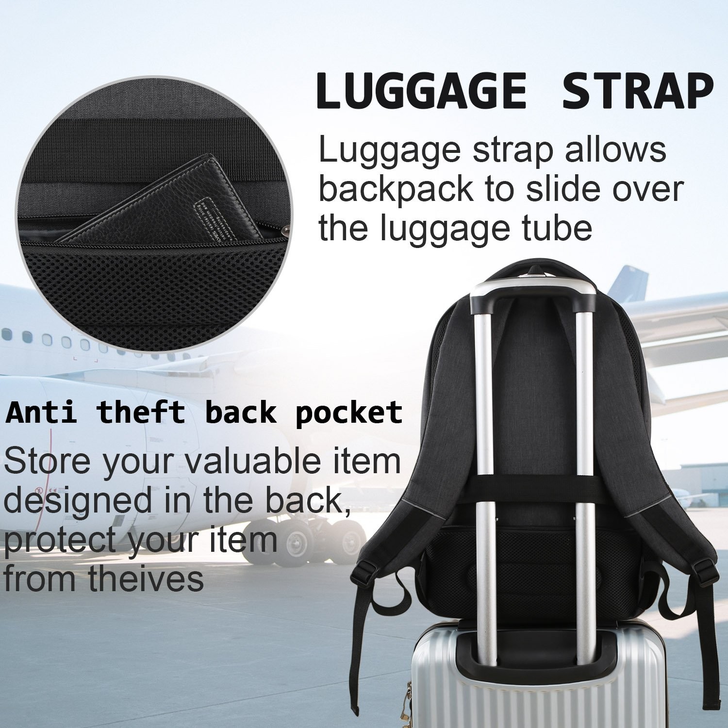 Anti-Theft Laptop Backpack with USB Port, Water Resistant, Fits 15.6″ – Black