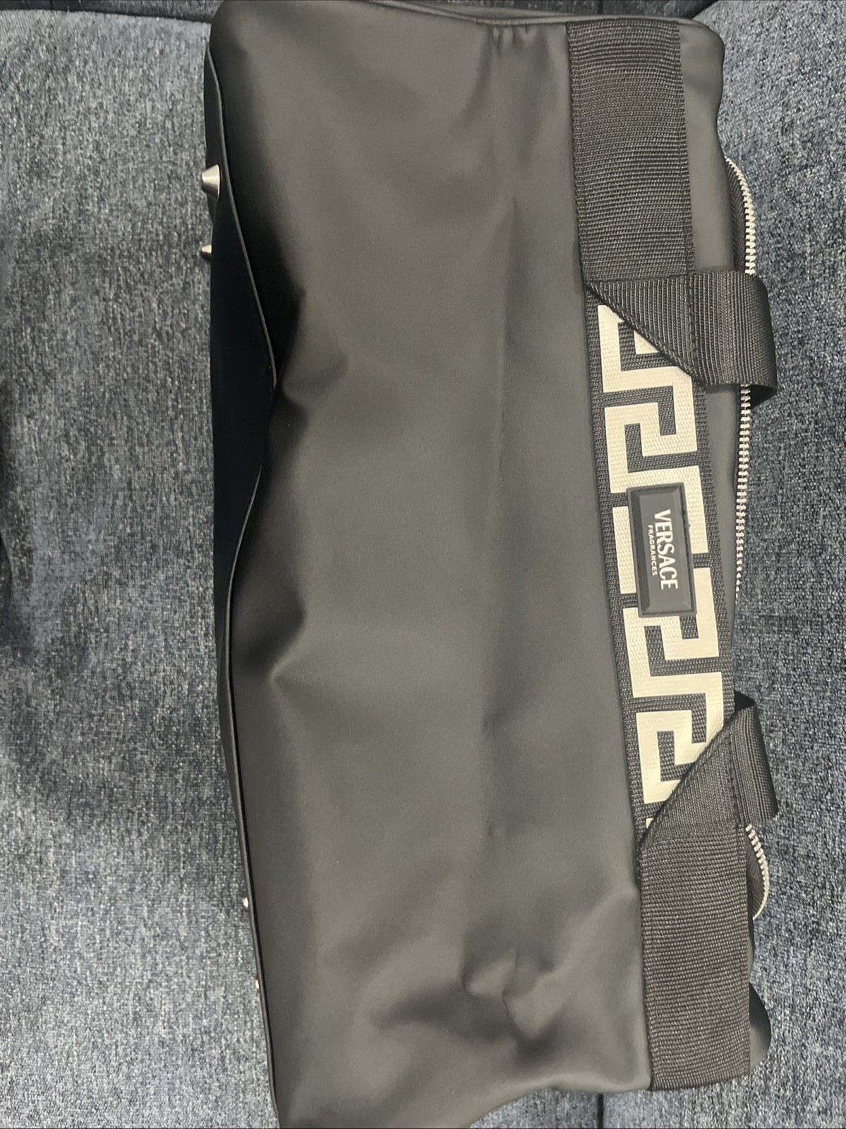 Versace Fragrances Black Duffle with Silver Tone Zipper Travel Overnight Gym Bag