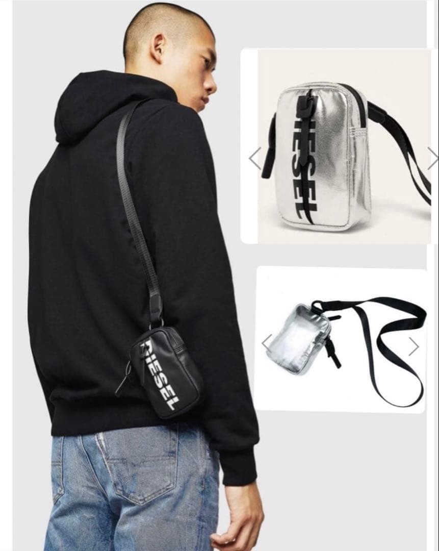 Diesel Men Mini Pouch Silver Shoulder Bag 14x4x9.5cm Almost unused Luxury Modern