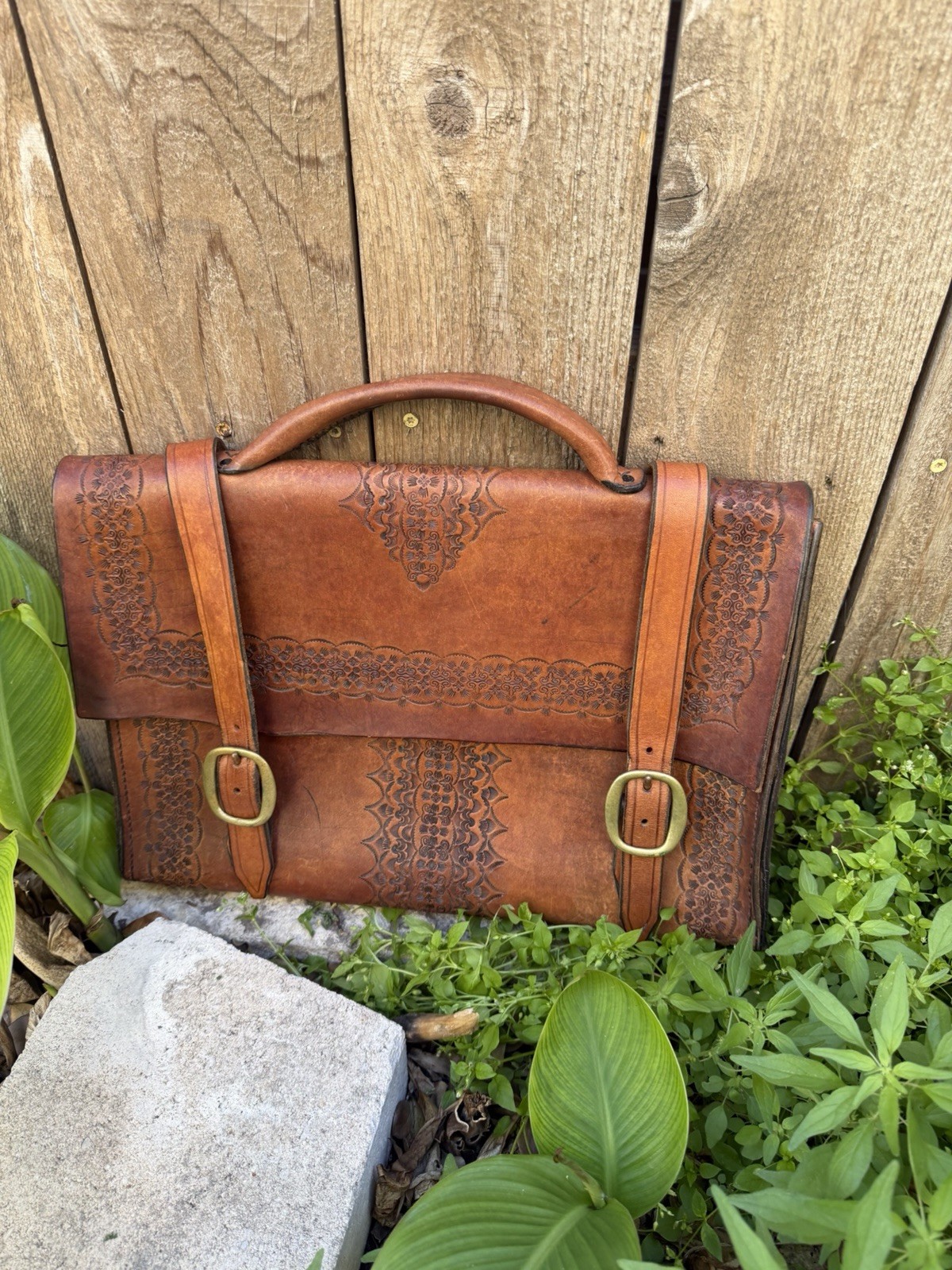 Vintage Western Floral Hand Tooled Brass Leather Briefcase / Messenger Bag