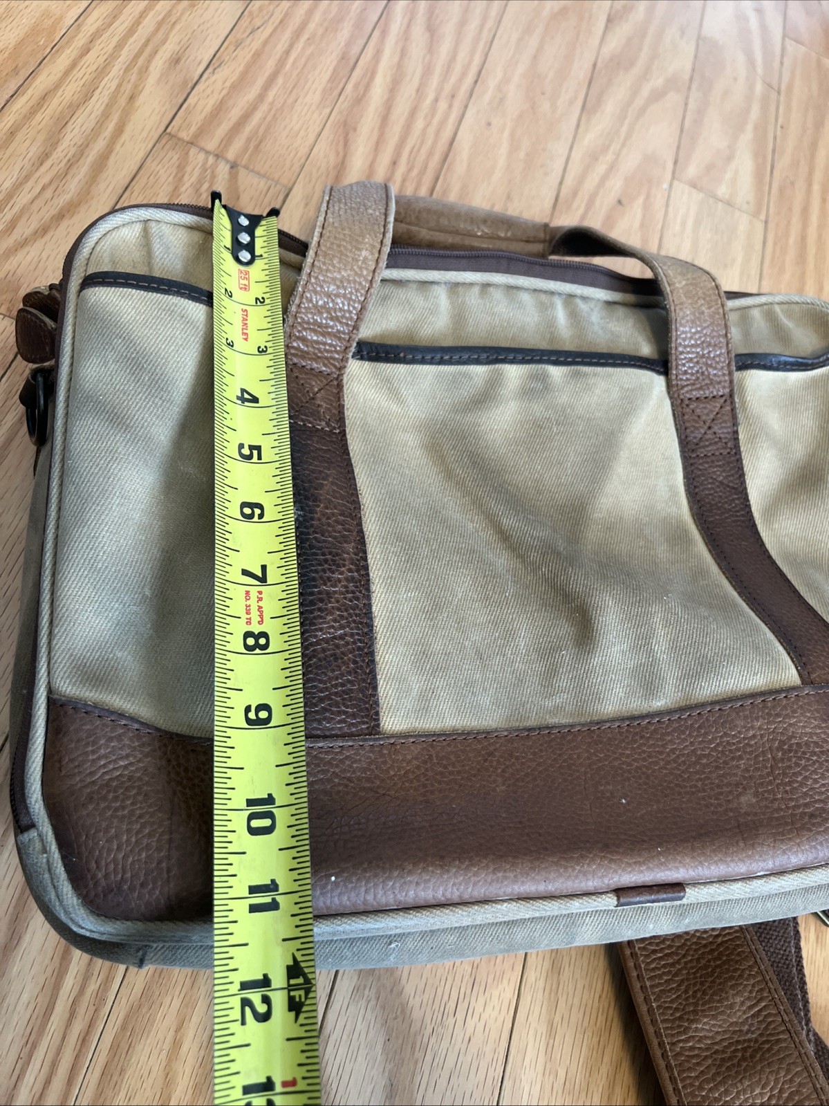 LL Bean Canvas Messenger Crossbody Bag Push Lock Leather Trim Tan Brown