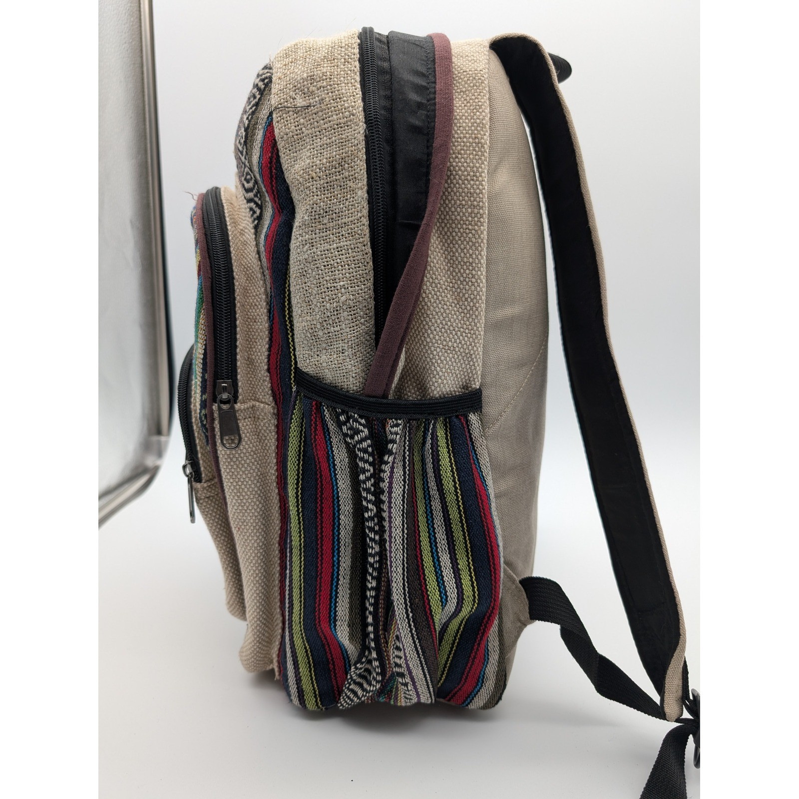 Himalayan Hemp Backpack Multi-Color Striped Woven Boho Laptop Bag Made in Nepal