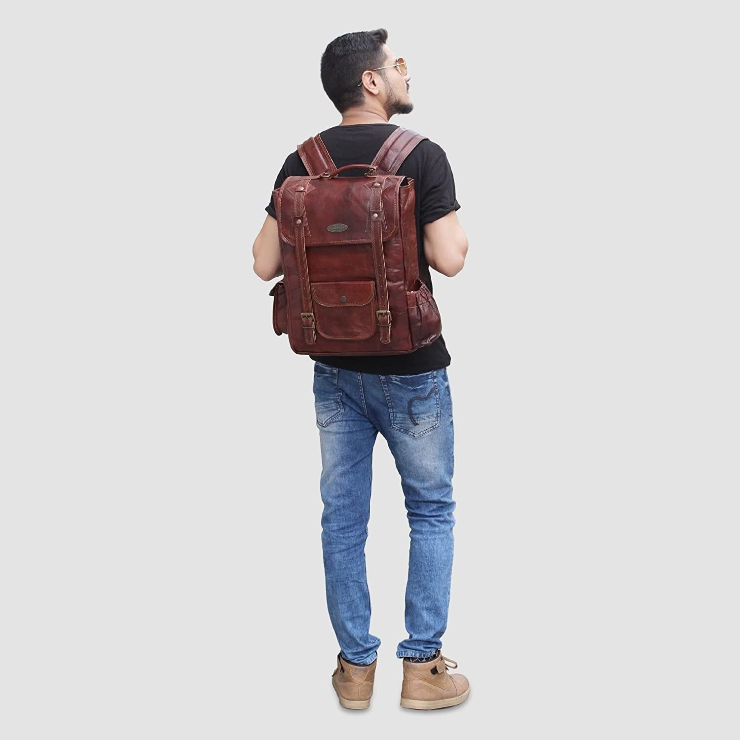 New Brown 16 Inch Leather Backpack For Men Vintage Easy Open Push Lock Backpack