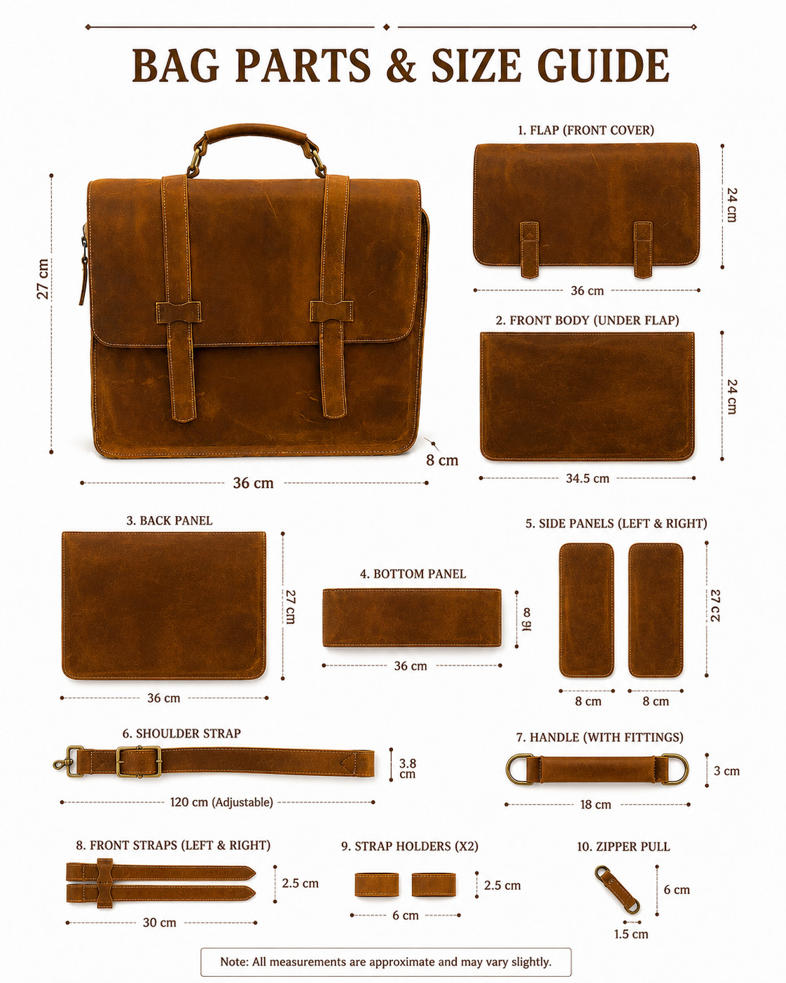 Tan Leather Briefcase Double Strap Loop Flap Single Handle Laptop Work Bag