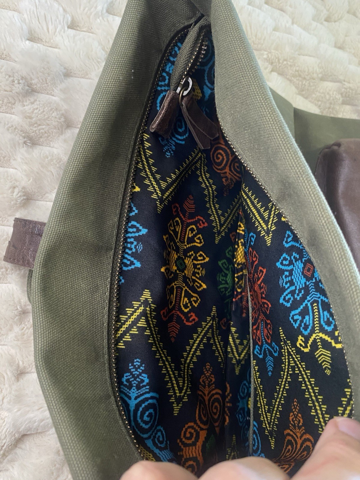 Artisan Handmade Bali Leather & Canvas Backpack Laptop Sleeve Olive Green Brown