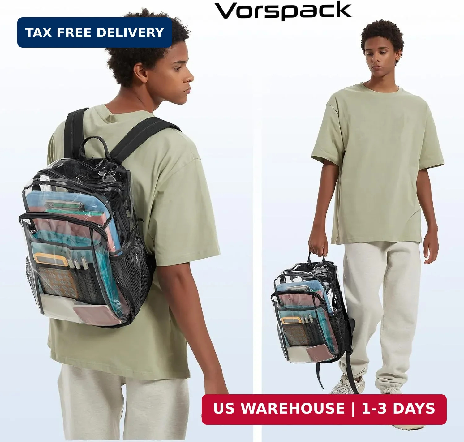 Vorspack Clear Backpack Heavy Duty – Clear Book Bag with Multi-pockets Large See
