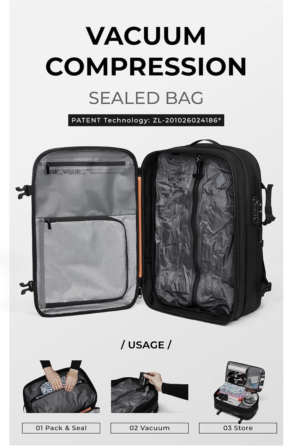 Vacuum Seal Travel Backpack 60L with Expandable HyperSeal Air Compression Vacuum