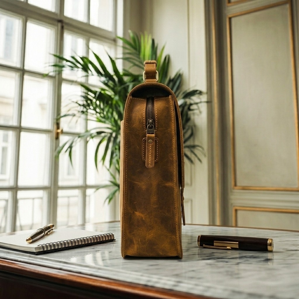 Tan Leather Briefcase Double Strap Loop Flap Single Handle Laptop Work Bag