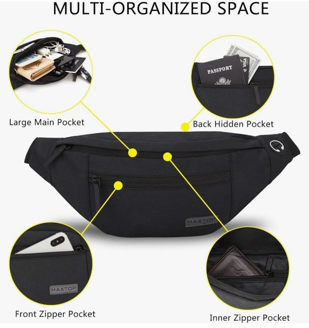 Crossbody Adjustable Belt Bag Hesdphone Jack 4 Zipper Pockets Reflective