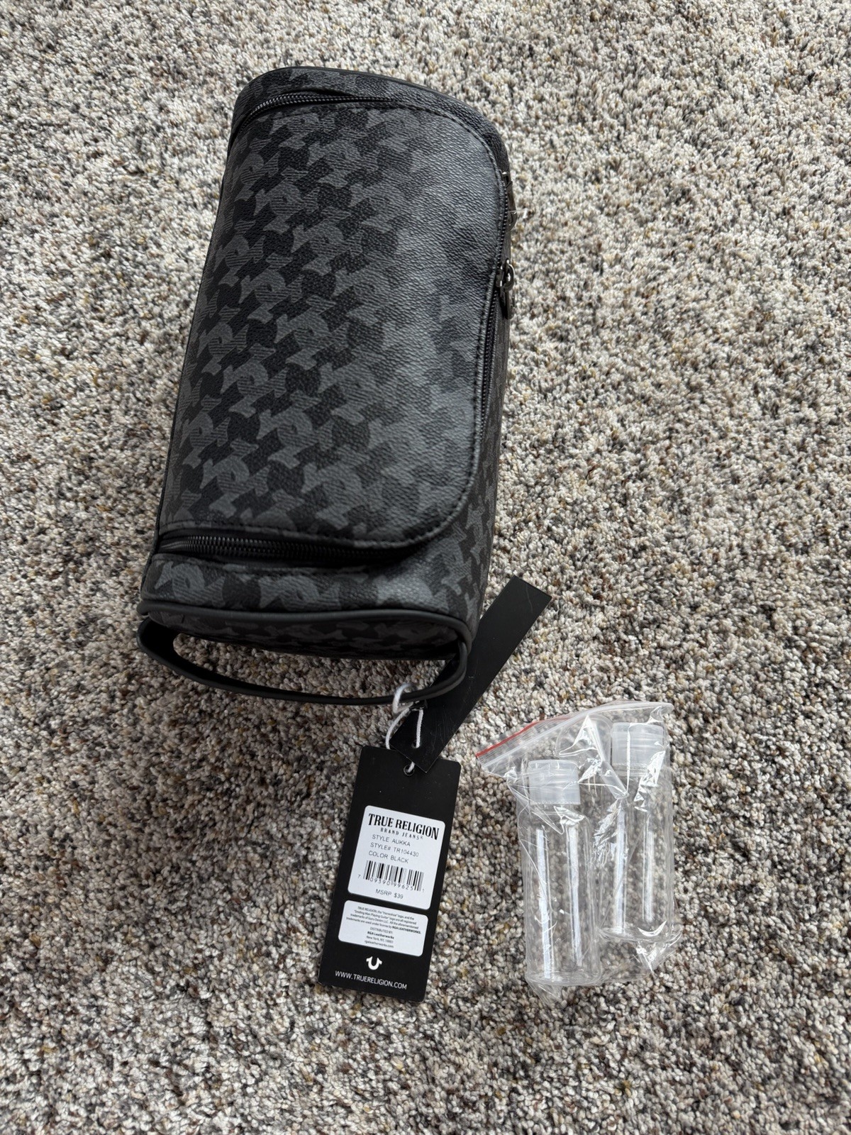True Religion Aukka Black Houndstooth Toiletry Dopp Kit Bag W/ 2 Travel Bottles