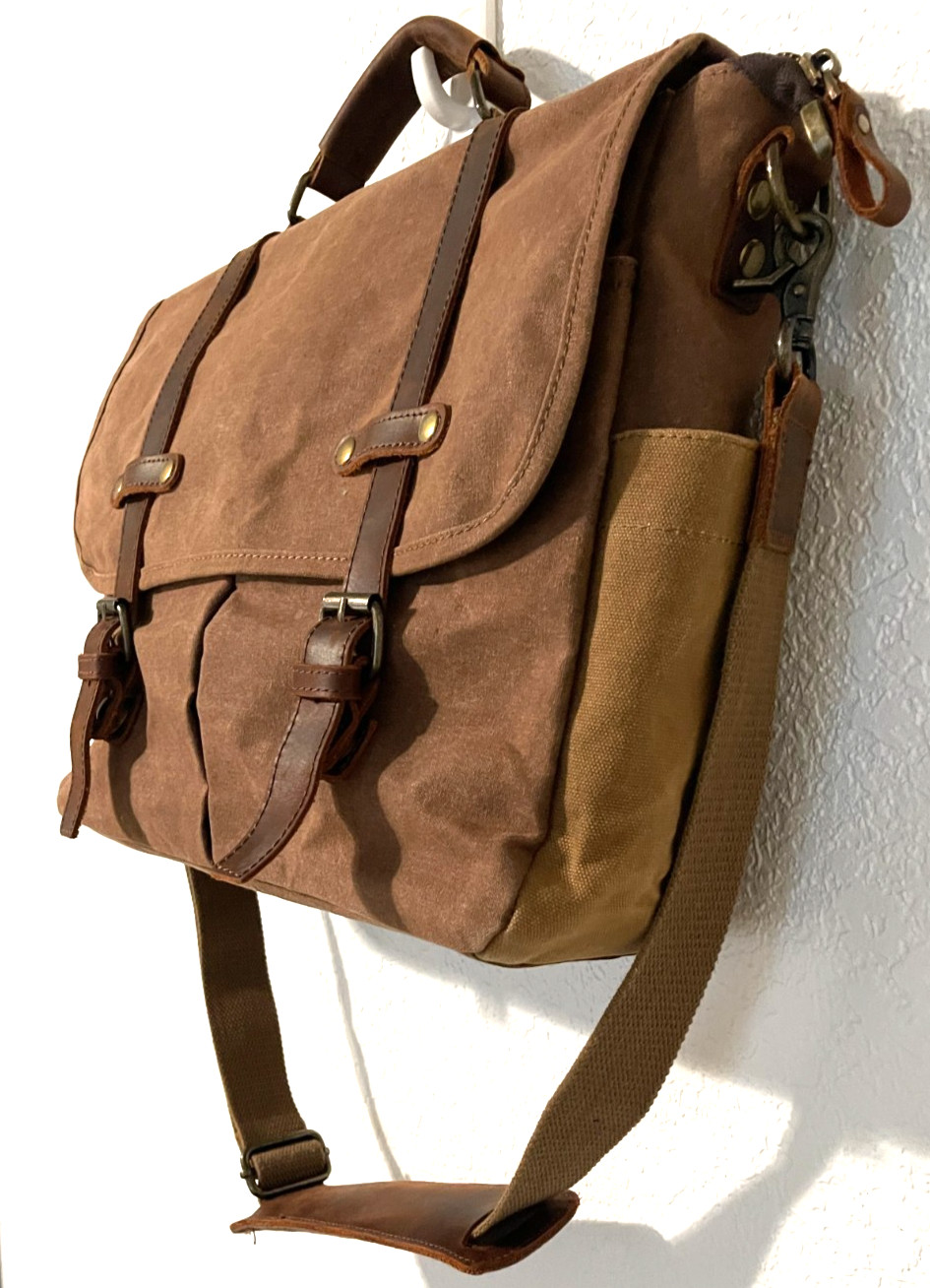 Newhey Messenger Laptop Bag Leather Accents Waxed Canvas Laptop Brown 15.5 Inch