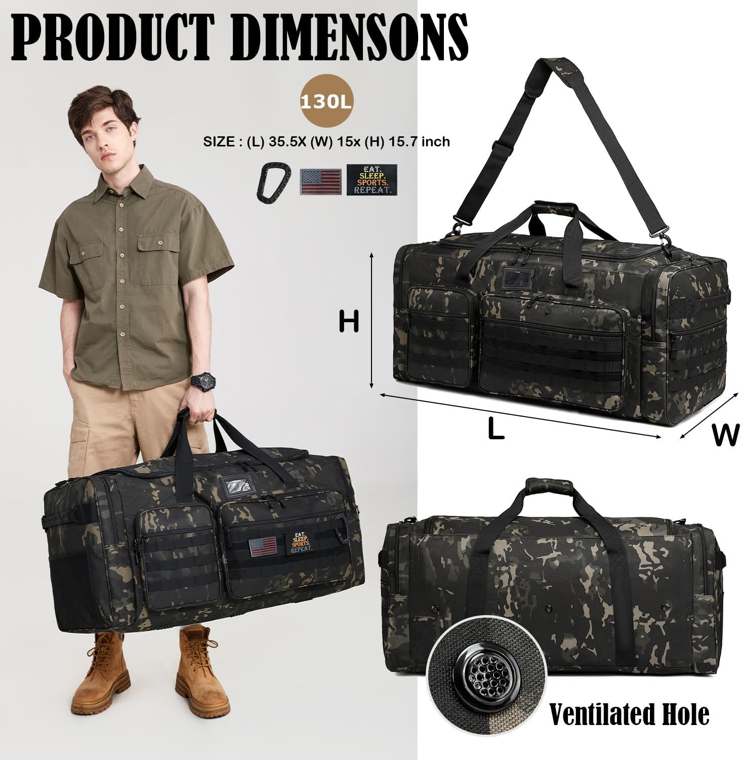 130L Extra Large Polyester Duffle Bag Waterproof Sports Travel Gym Equipment
