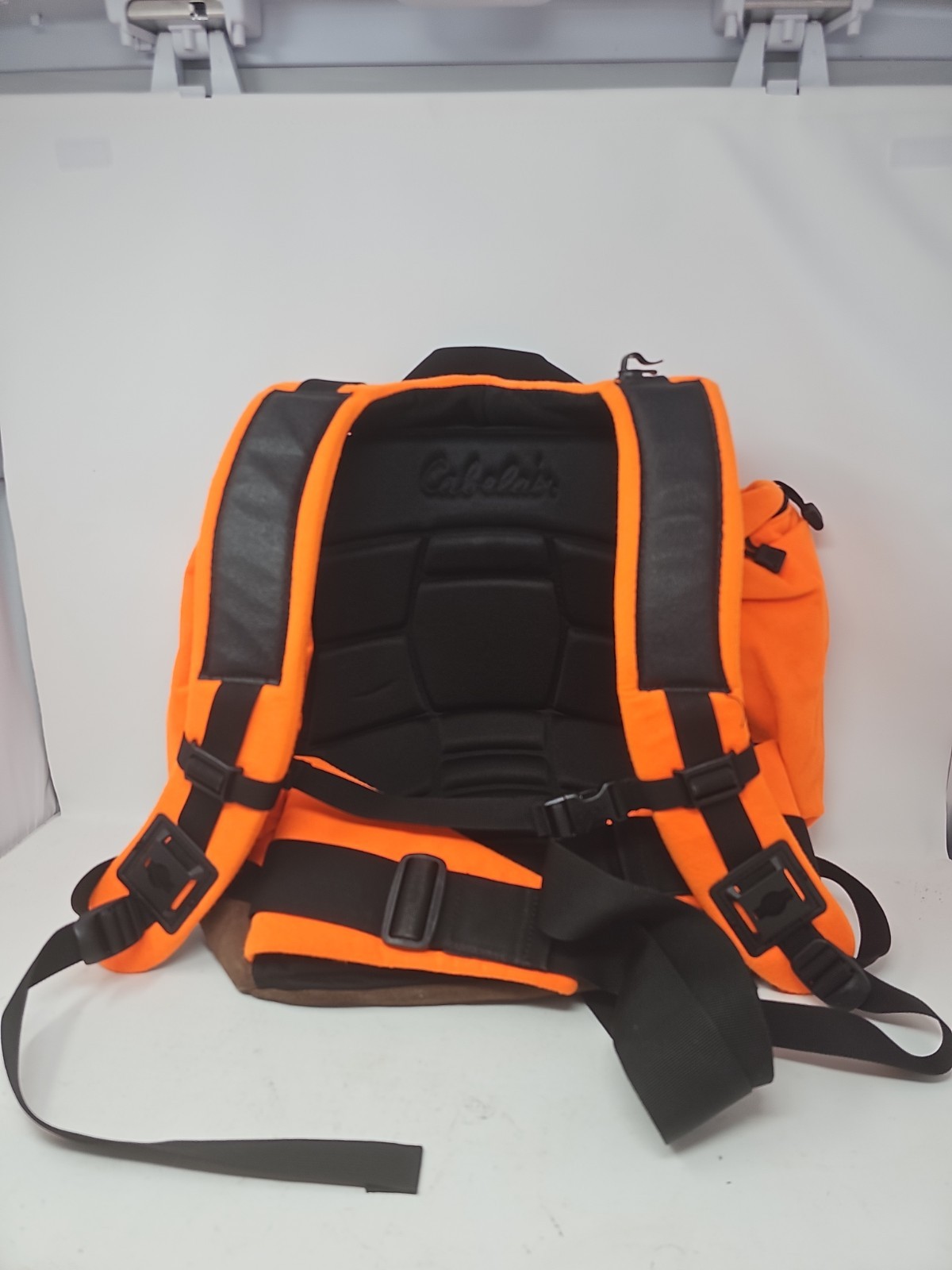 Vtg 90s Cabelas Orange Leather-Bottom Hunting Backpack Fishing Hike Bag USA Made