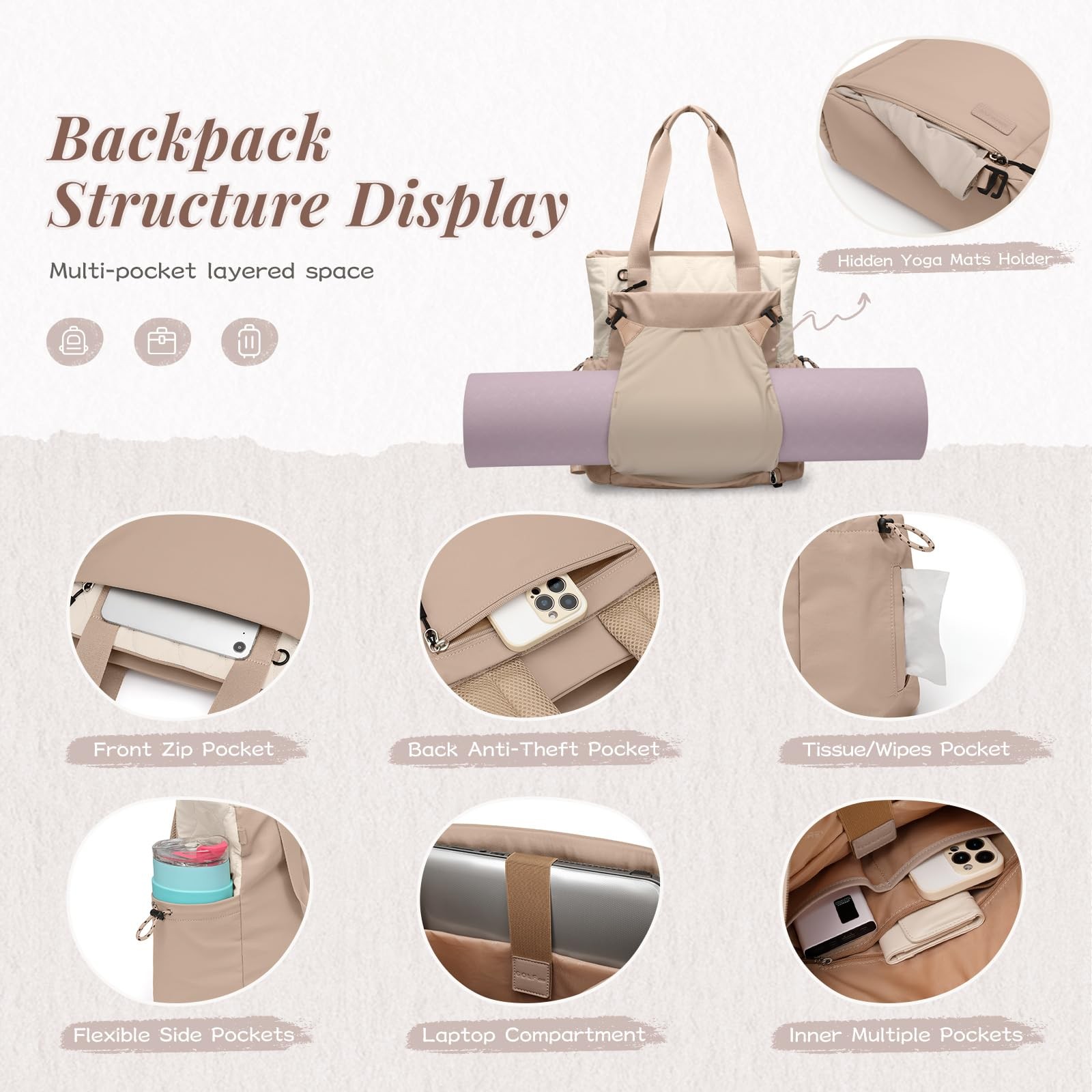 3-in-1 Laptop Tote Backpack for 15.6″ Quilted Work Gym Bag with Yoga Mat Carr…