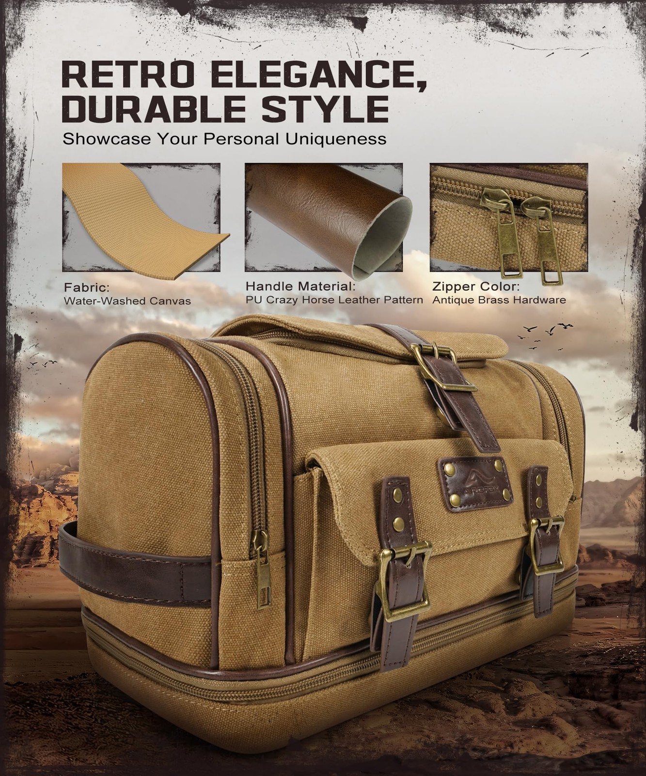ARCFOX Travel Hanging Toiletry Bag for Men, Vintage Canvas Large brown