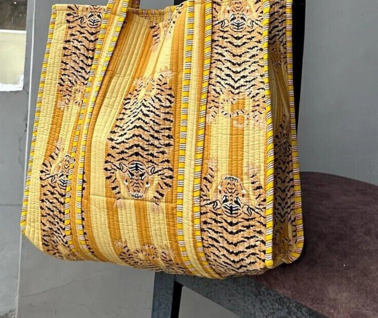 Yellow Tiger Print Quilted Cotton Shoulder Bag Beach Style Women’s Handbag