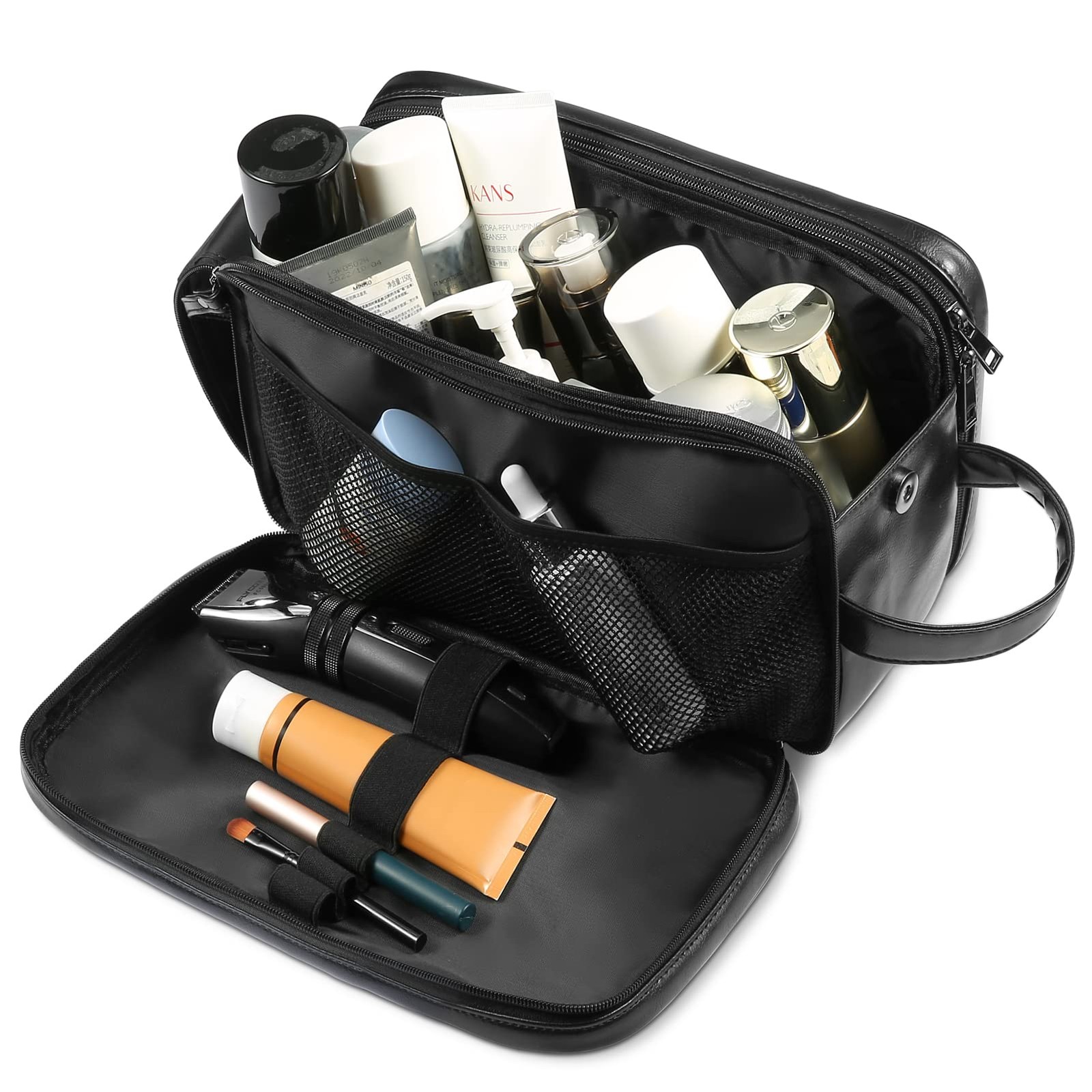 BNSPOCKET Personalized Leather Travel Toiletry Bag for Men, Large, Black