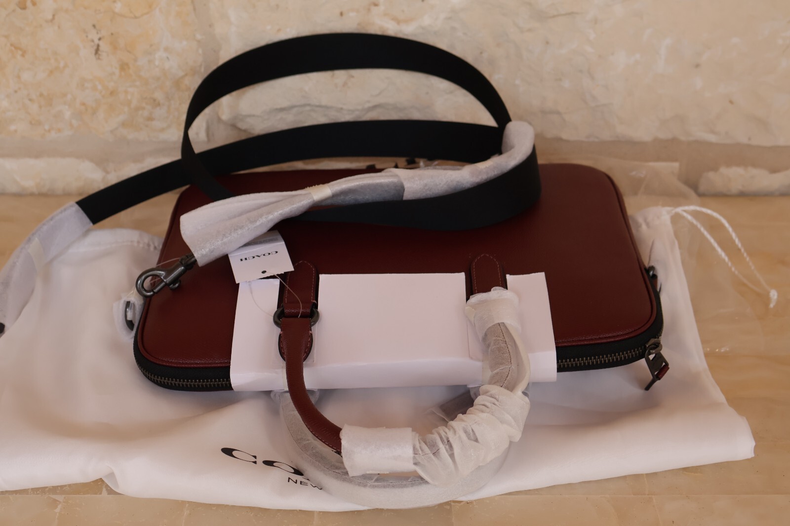 NEW Coach Liam Compact Leather Briefcase Slim Unisex WINE/black nickel Dust bag
