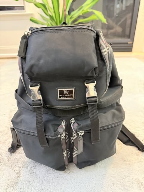 Burberry Black Label Backpack Mens Rucksack Black Nylon Nova Check Trim AUTH