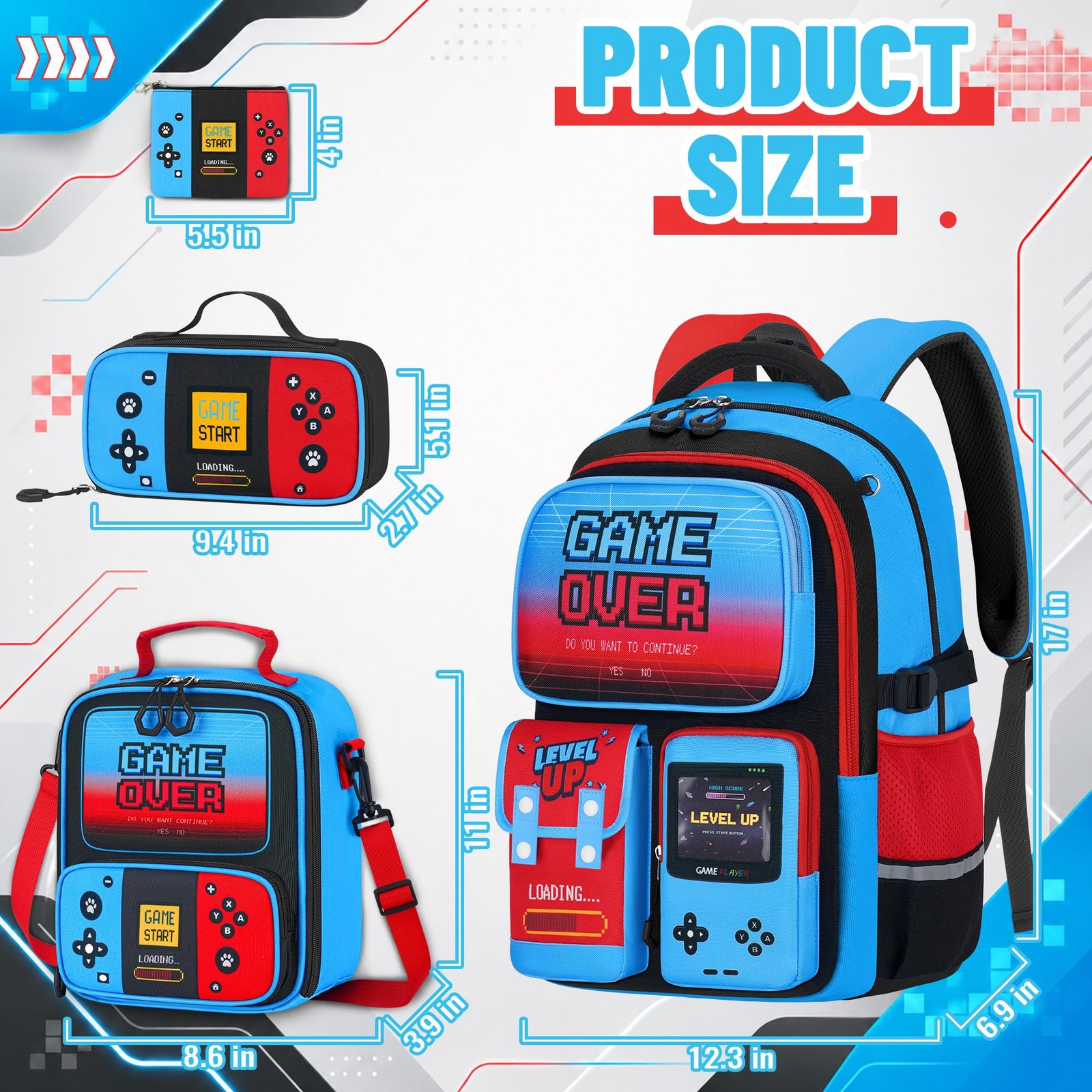Boys Gamer Backpack with Lunch Box, 4 PCS Red Blue Gaming Bookbag for Boys