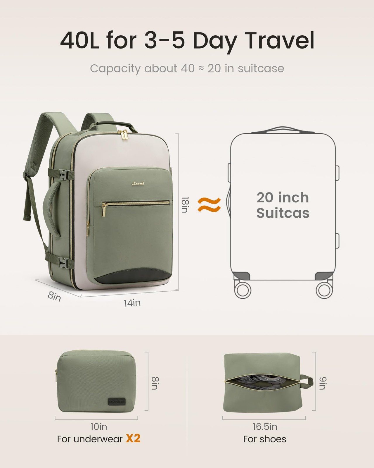 LOVEVOOK 40L Travel Backpack for Women & Men, Airline Approved Carry On Lugga…