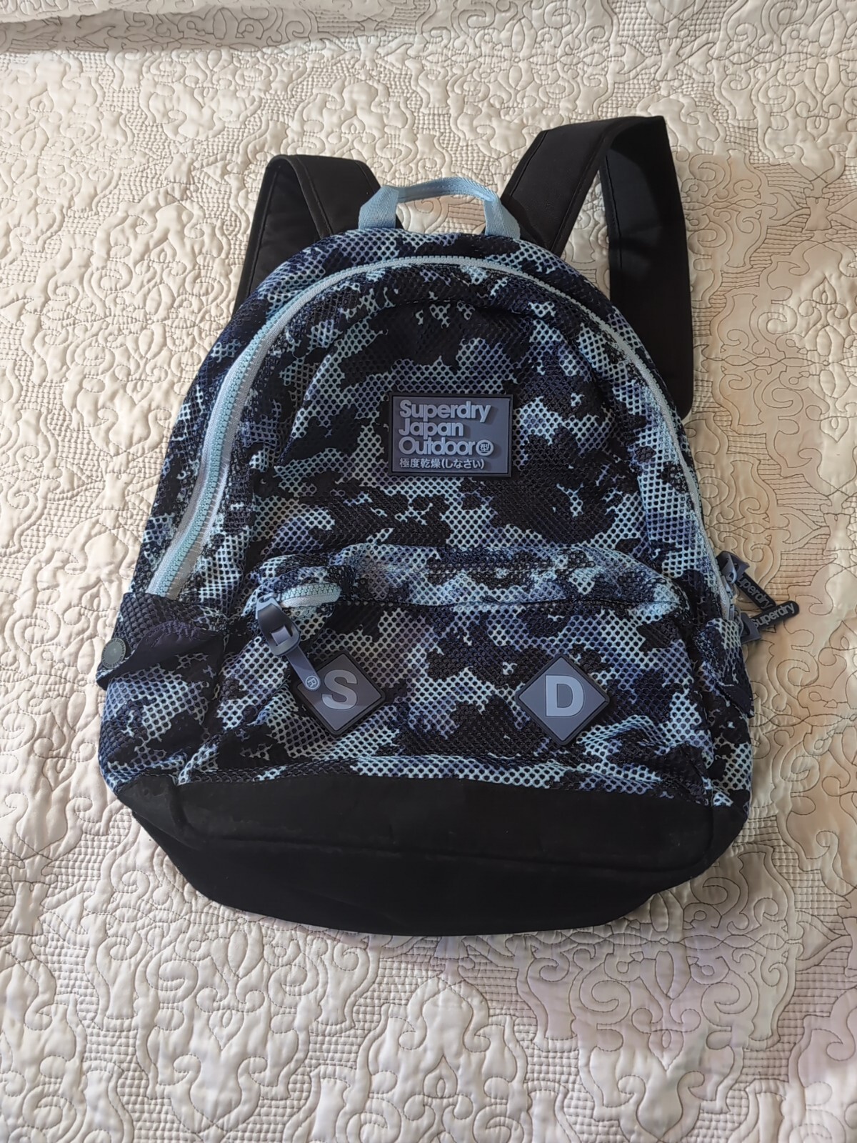 Read SUPERDRY JAPAN OUTDOOR BACKPACK BLUE CAMO MADISON MONTANA CAMOUFLAGE BAG