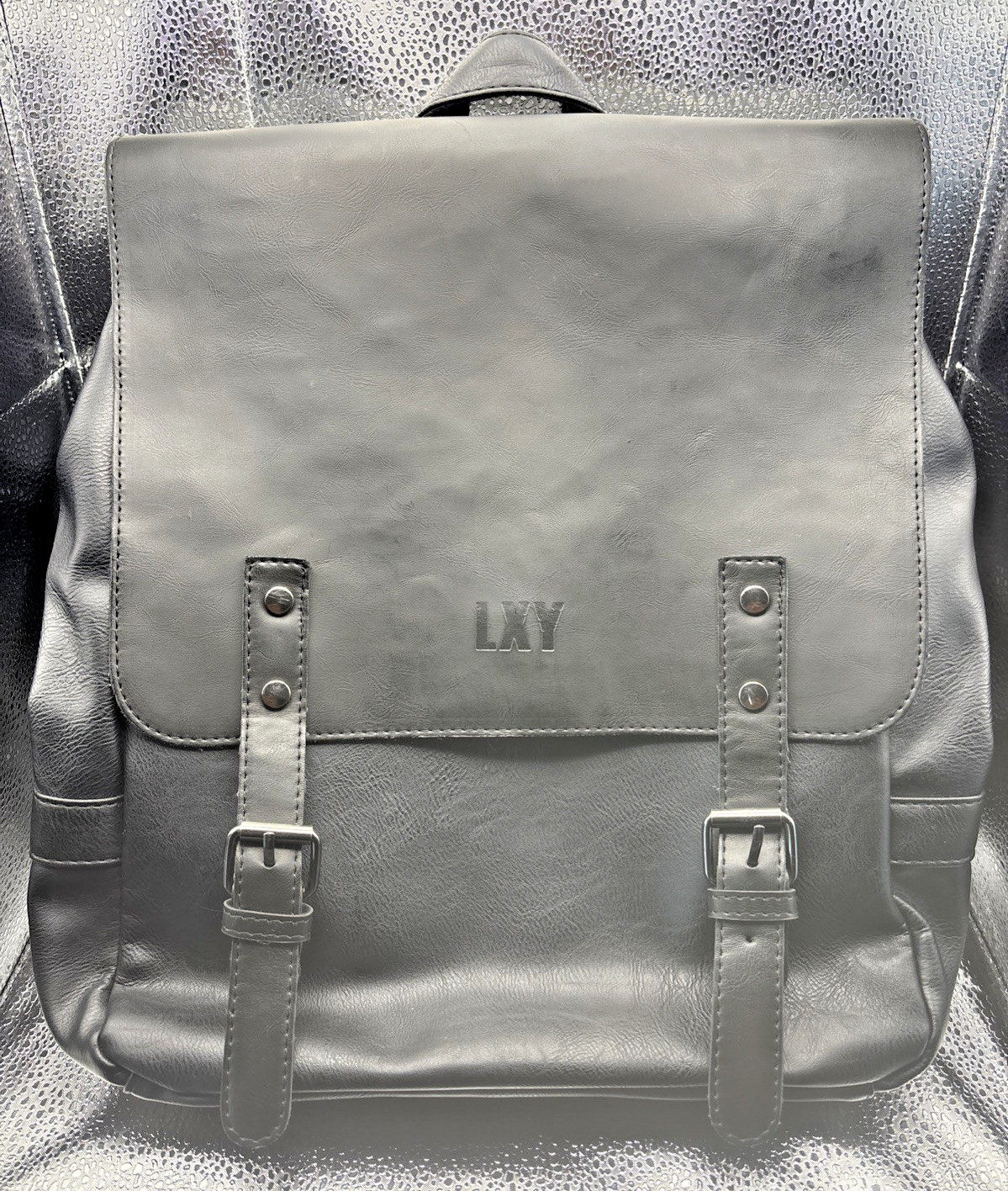 LXY Black Vegan Leather Backpack Unisex Adult Travel School Laptop Bookbag Bag