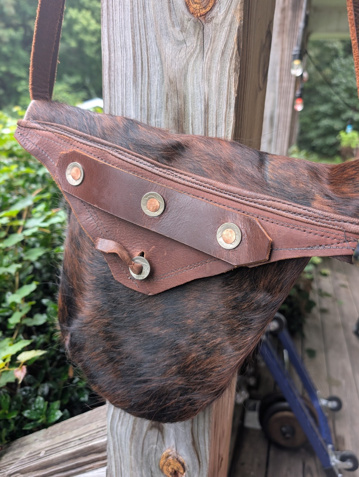 Leather cowhide and buffalo purse. primitive distressed buffalo nickel conchos