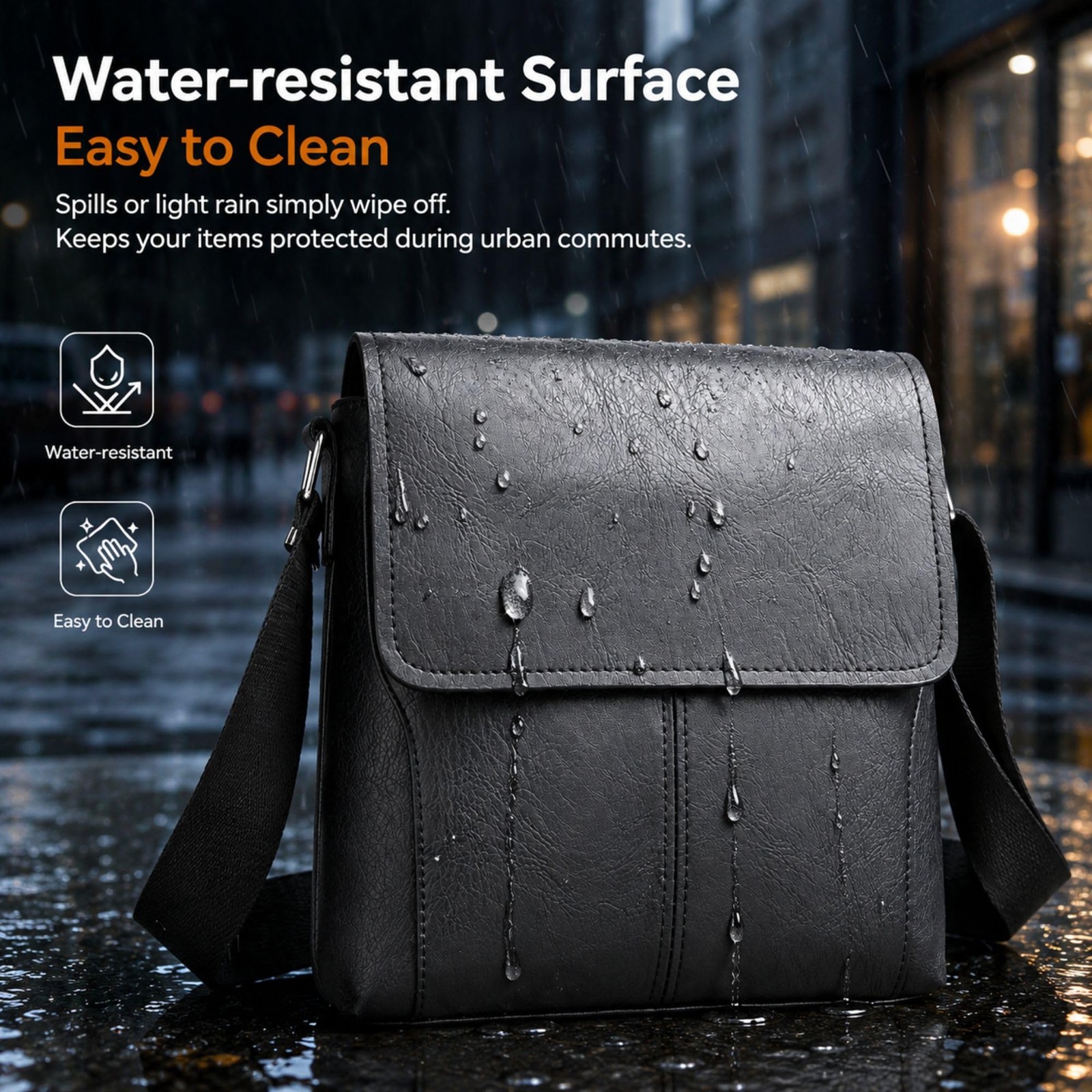 SHENGLAICAI Men Crossbody Bag Small PU Leather Messenger Medium, Black