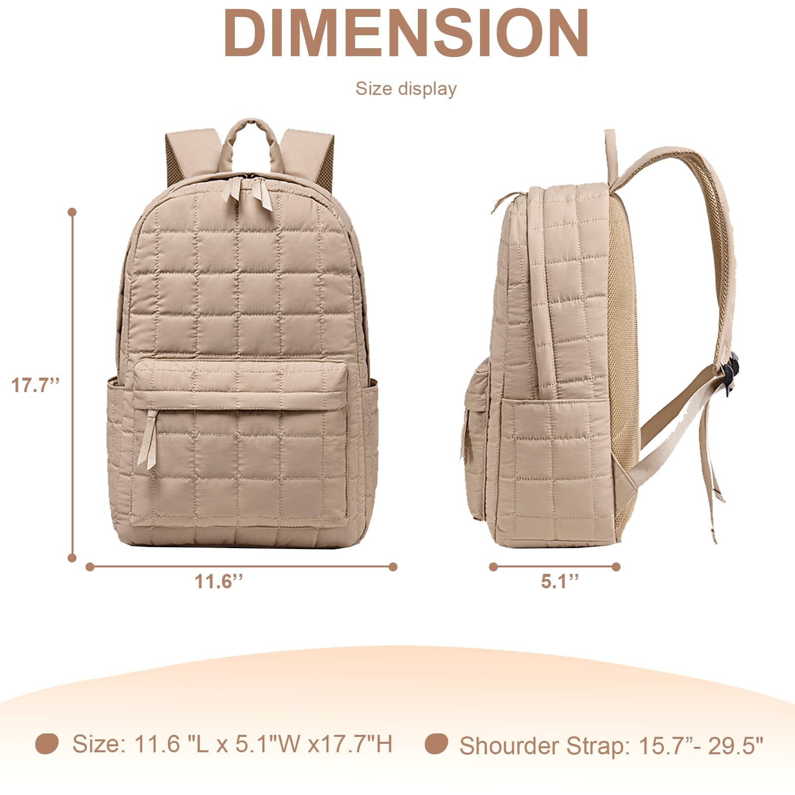 Travel Backpack Women Work Quilted College Bag Fits 15.6 Inch Laptop Khaki