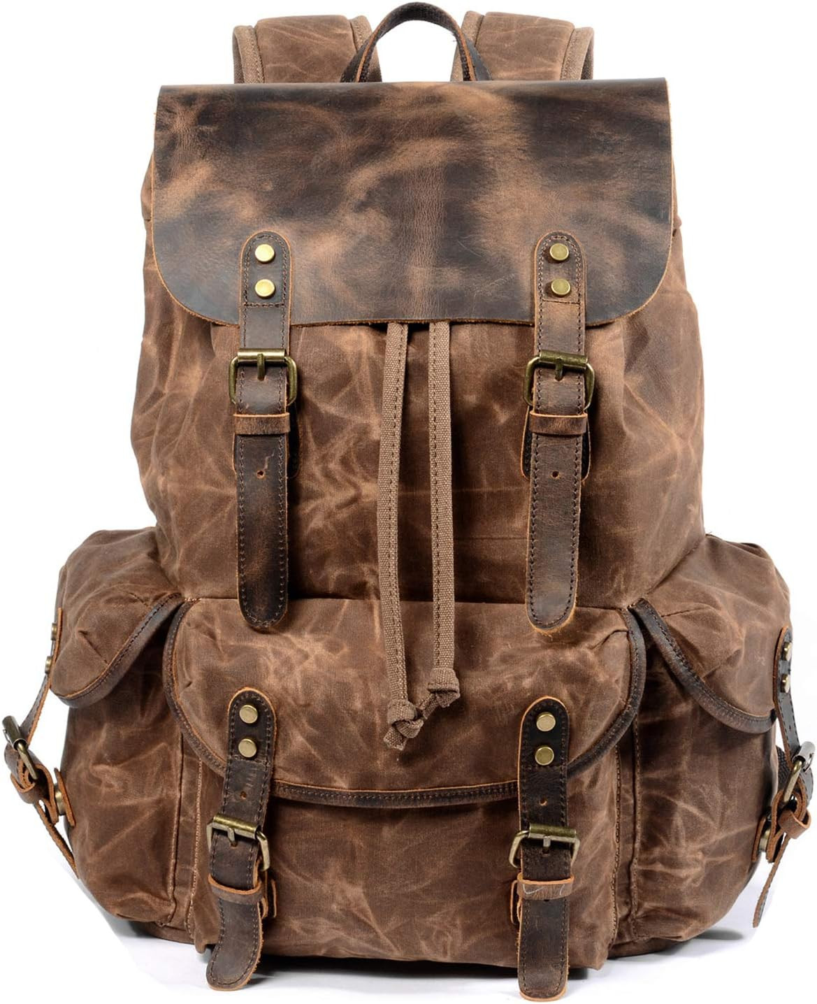 Leather Backpack for Men, Waxed Canvas Shoulder Rucksack Carry-On Travel Backpac