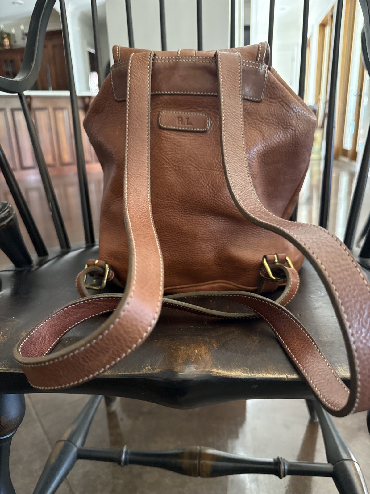 Vintage Ralph Lauren Leather Backpack Drawstring Brown 90s Unusual Hook Closure