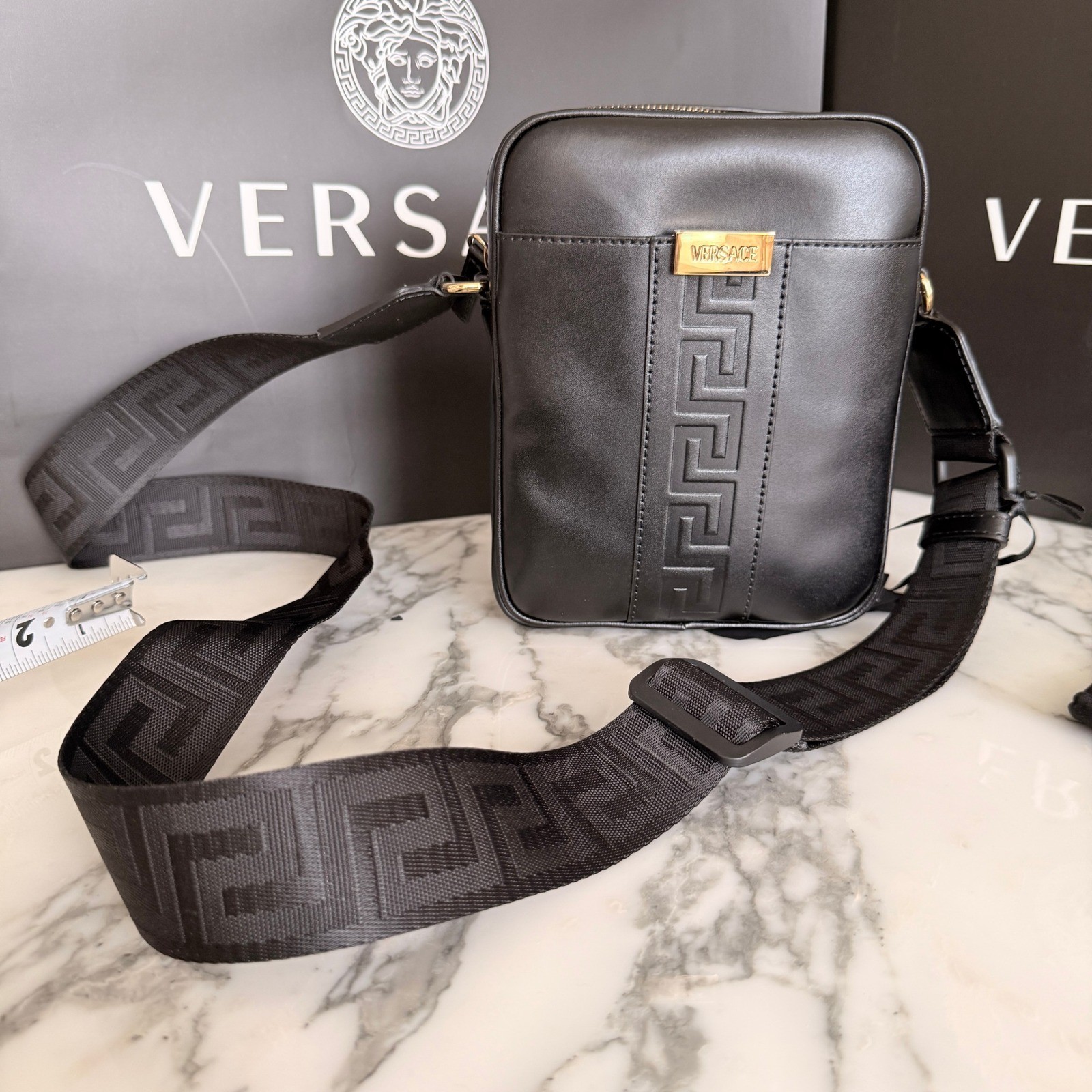 Versace 1020736 Black Leather Greca Crossbody Messenger Bag Gold Logo