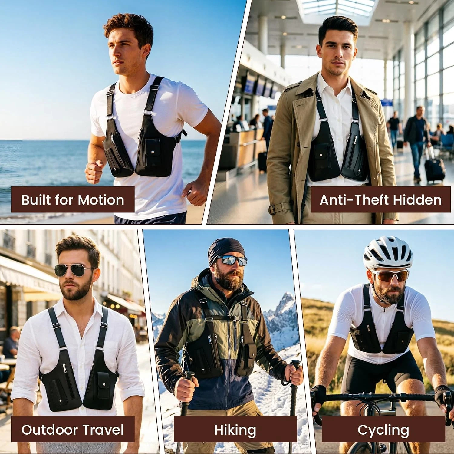 Men Double Shoulder Underarm Bag Anti Theft Holster PU Leather Travel Chest Bag