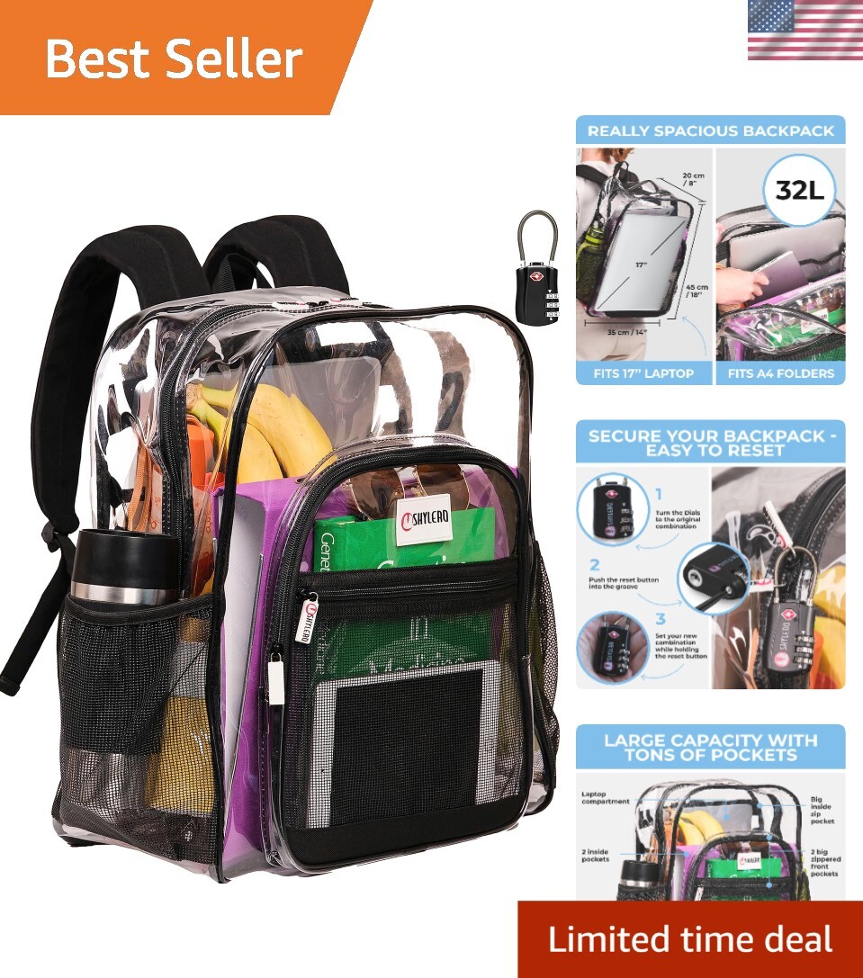Versatile Transparent Black Backpack with Reflective Strips and Anti-Theft Lock