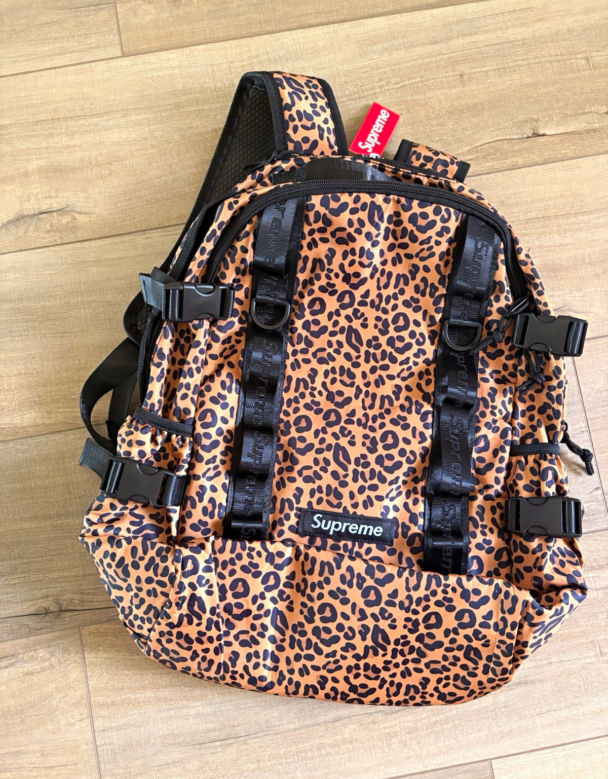 Supreme Leopard Animal Print Backpack Brown/Black Zip Buckle Adjustable Pockets