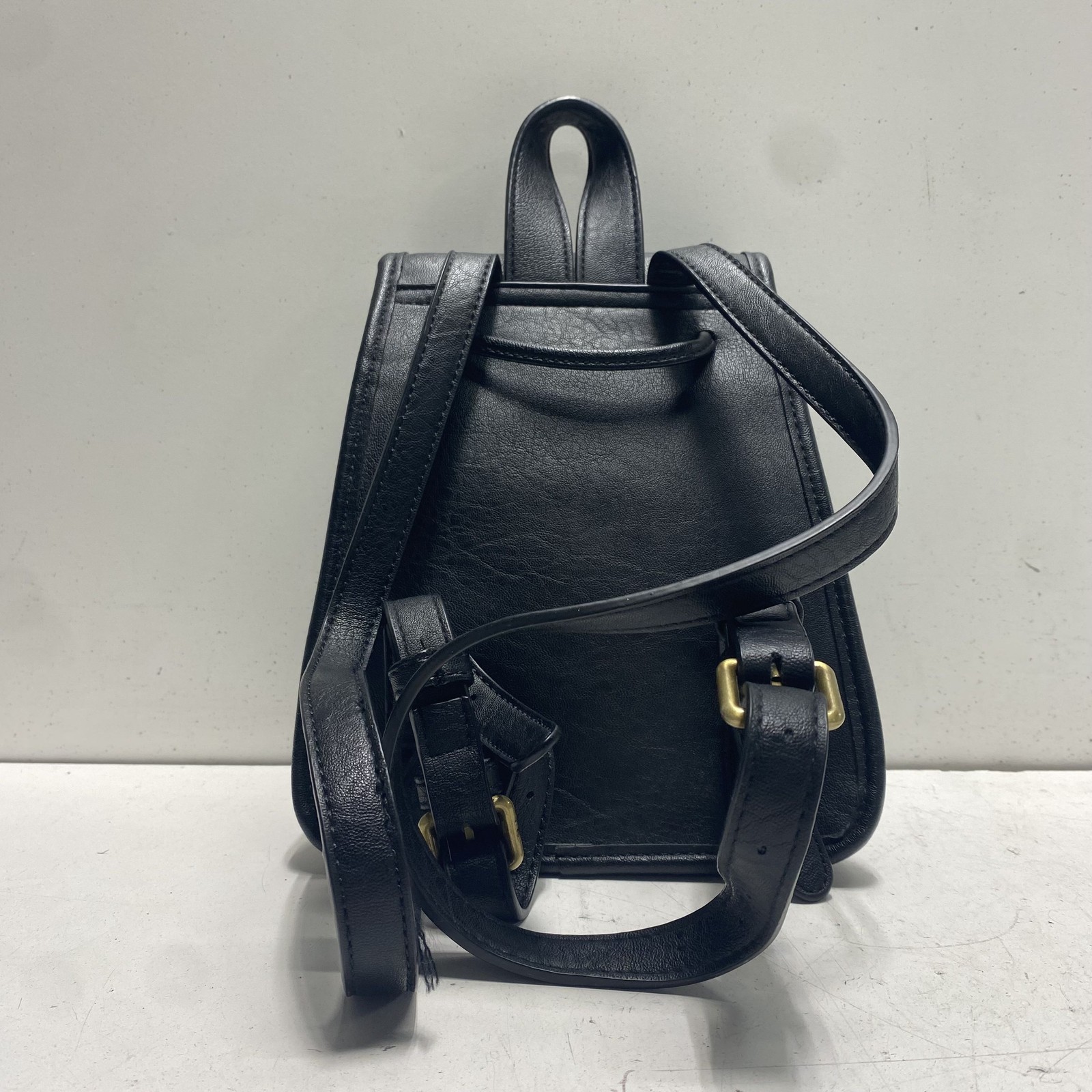 Street Level Black Vegan Leather Flap Top Backpack Brass Hardware