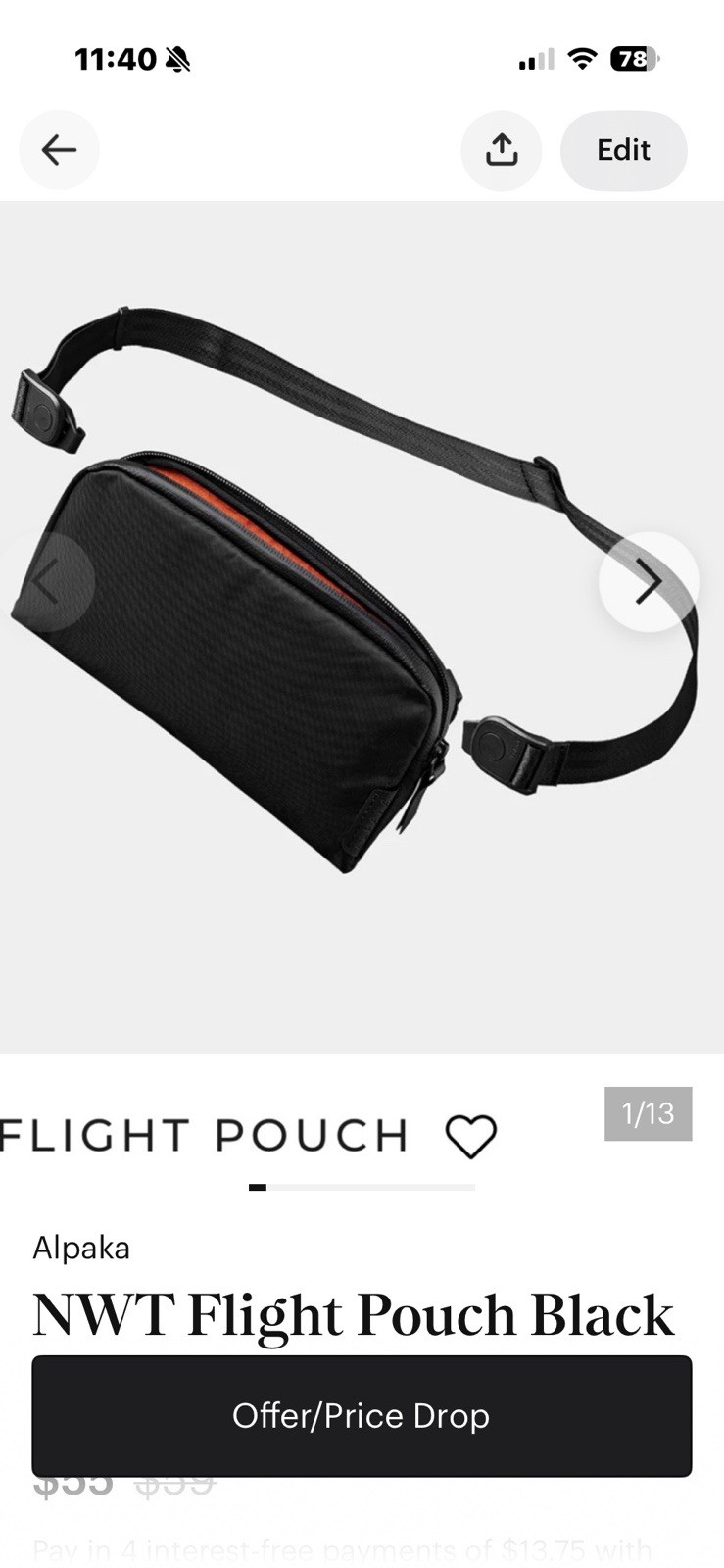 NWT Flight Pouch Black Knight Travel Bag – A4