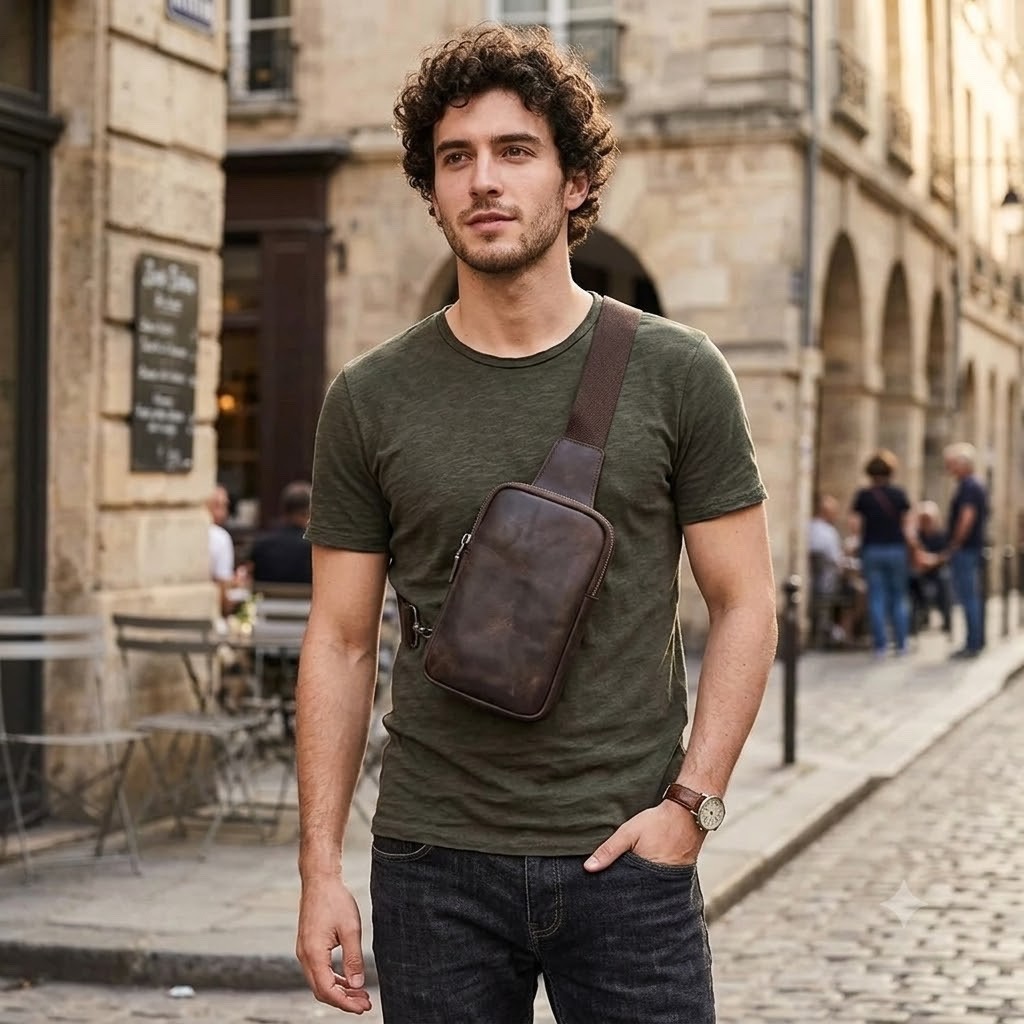 Premium Brown Leather Sling Bag Men Adjustable Crossbody Chest Pack