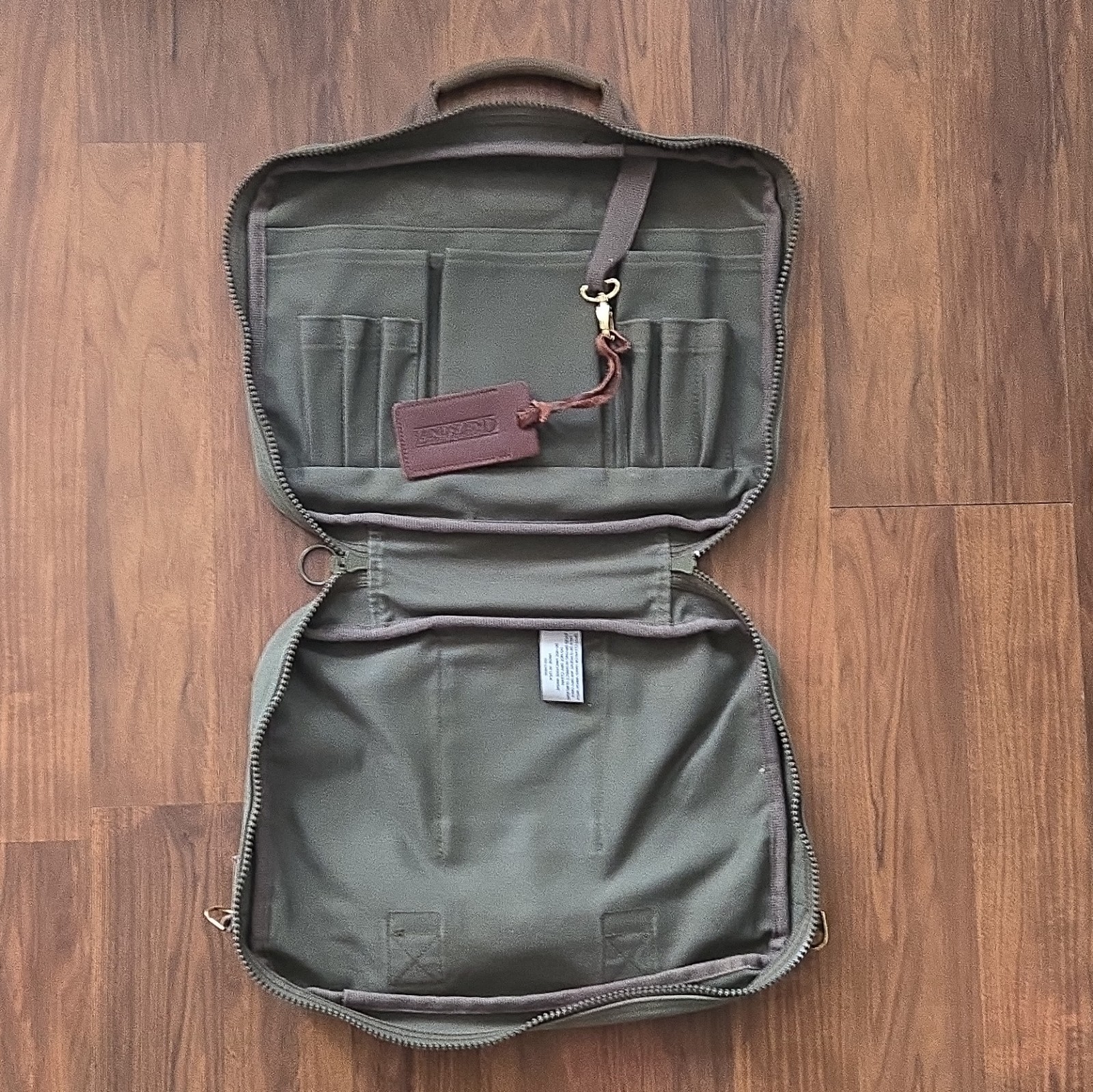 Lands’ End Vintage Green Solid Zip Briefcase Canvas Bag Handles Pockets USA