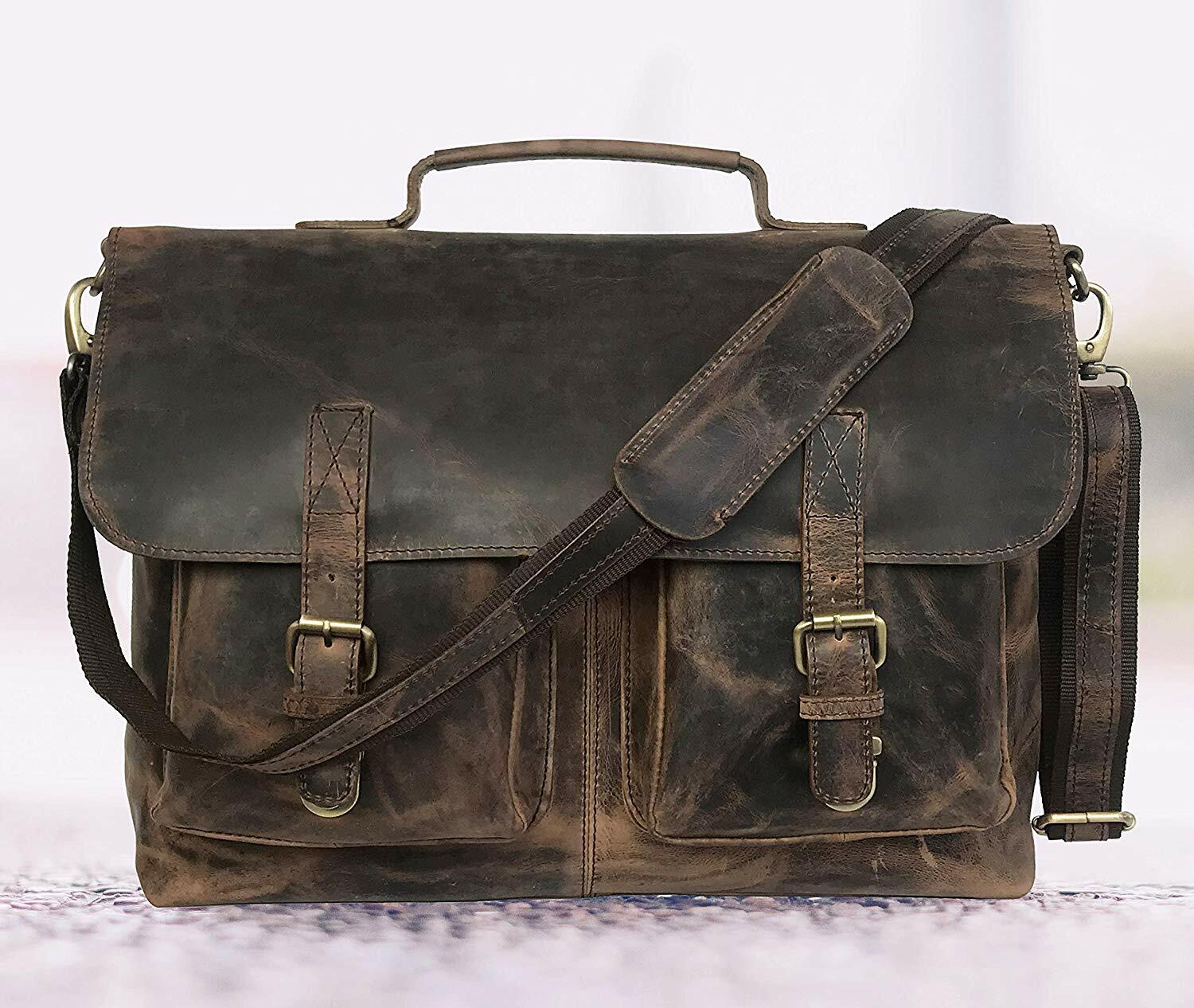 18 In Buffalo Leather Office Briefcase Messenger Bag Laptop Satchel Shoulder Bag