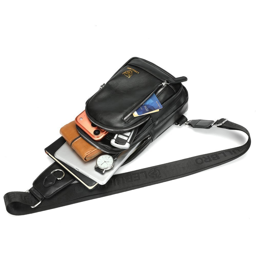Men’s Leather Sling Bag Crossbody Chest Adjustable Strap Multiple Compartments
